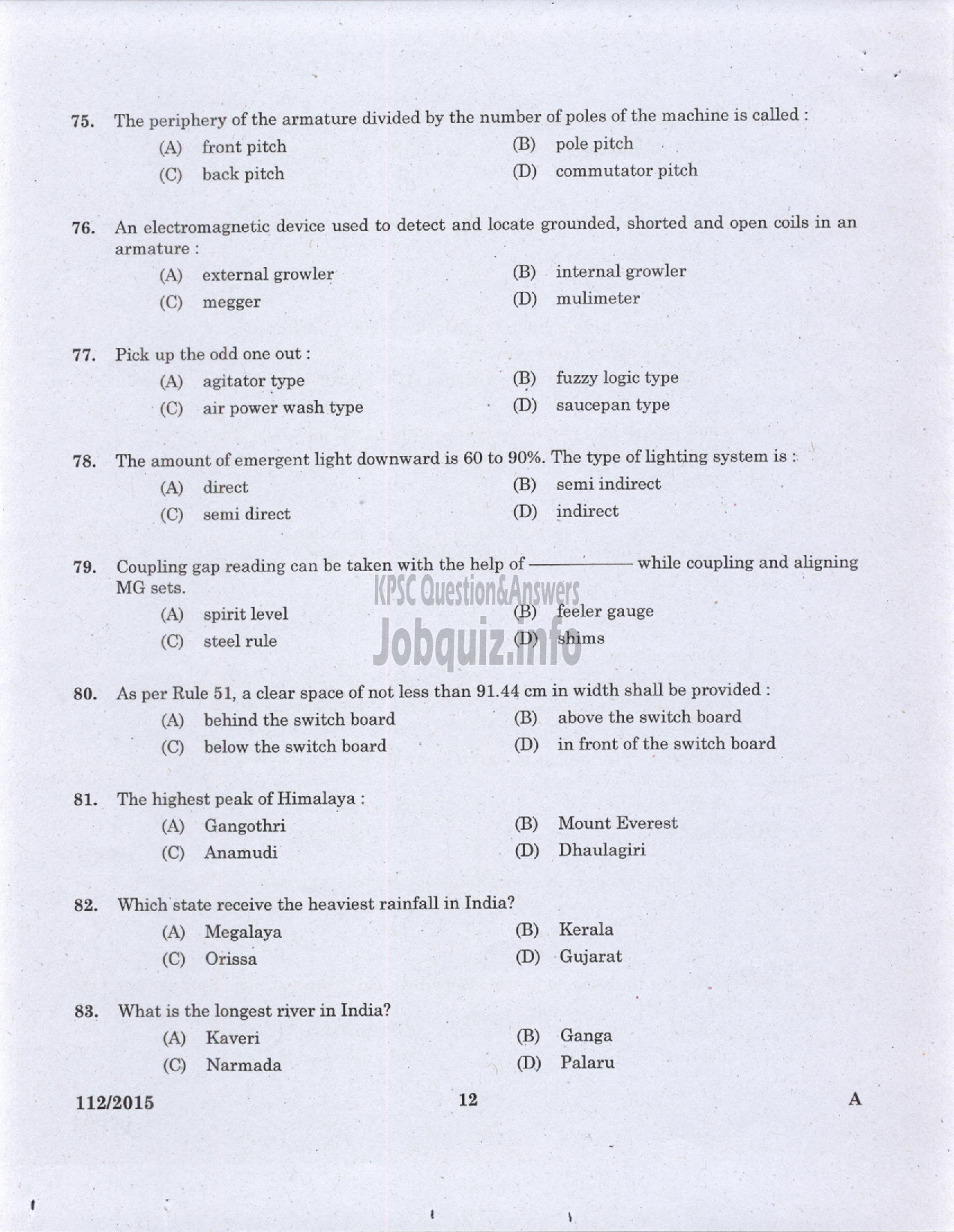 Kerala PSC Question Paper - TRADESMAN ELECTRICAL TECHNICAL EDUCATION/ELECTRICIAN GROUND WATER /ELECTRICIAN GR II PRINTING GOVT PRESSES ELECTRICIAN AGRICULTURE /ELECTRICIAN GR II THE KERALA CERAMICS LTD-10