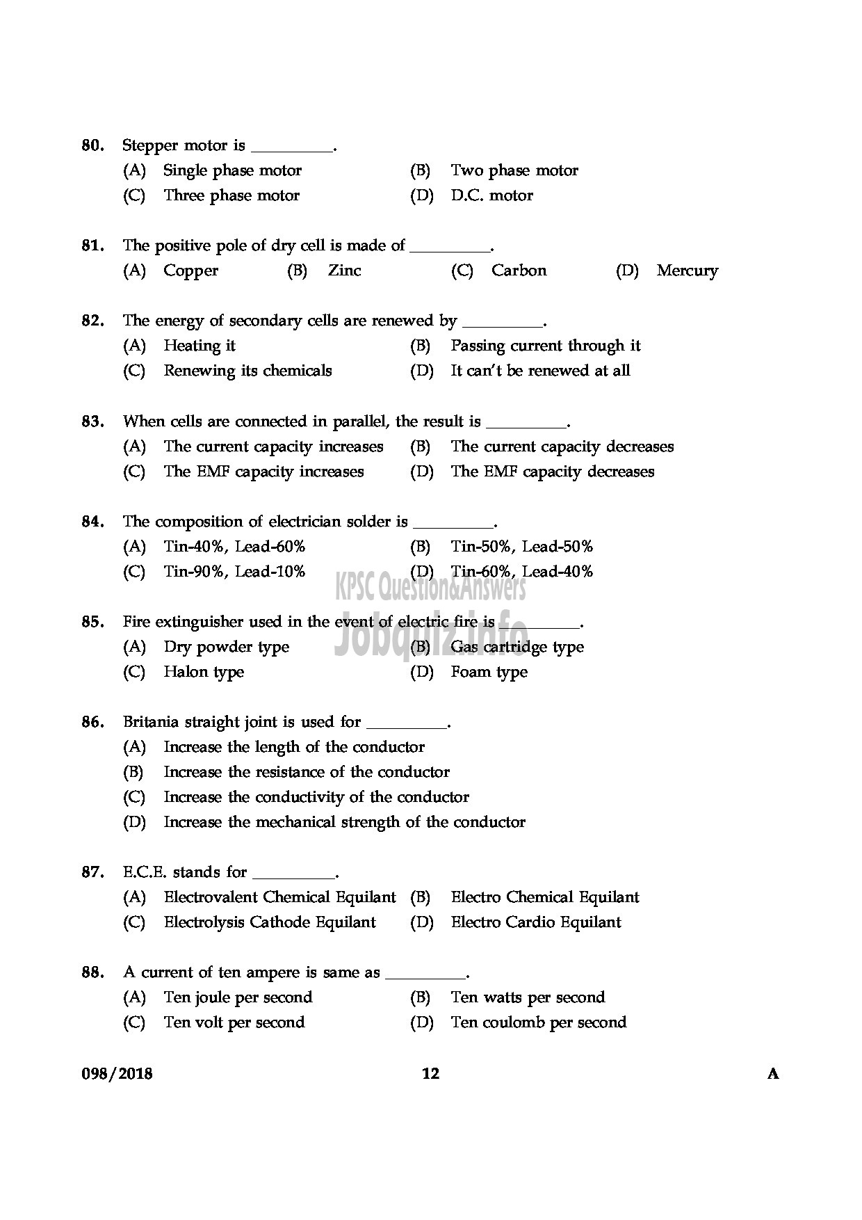 Kerala PSC Question Paper - TRADESMAN ELECTRICAL TECHNICAL EDUCATION ENGLISH -12