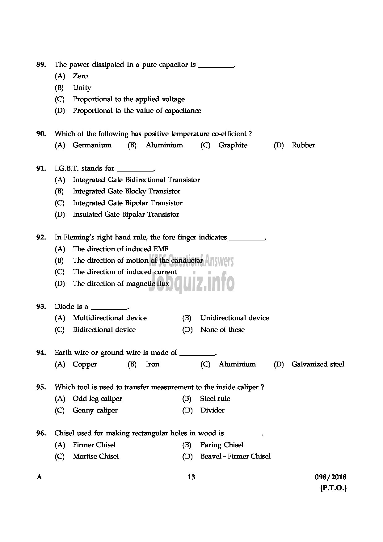 Kerala PSC Question Paper - TRADESMAN ELECTRICAL TECHNICAL EDUCATION ENGLISH -13