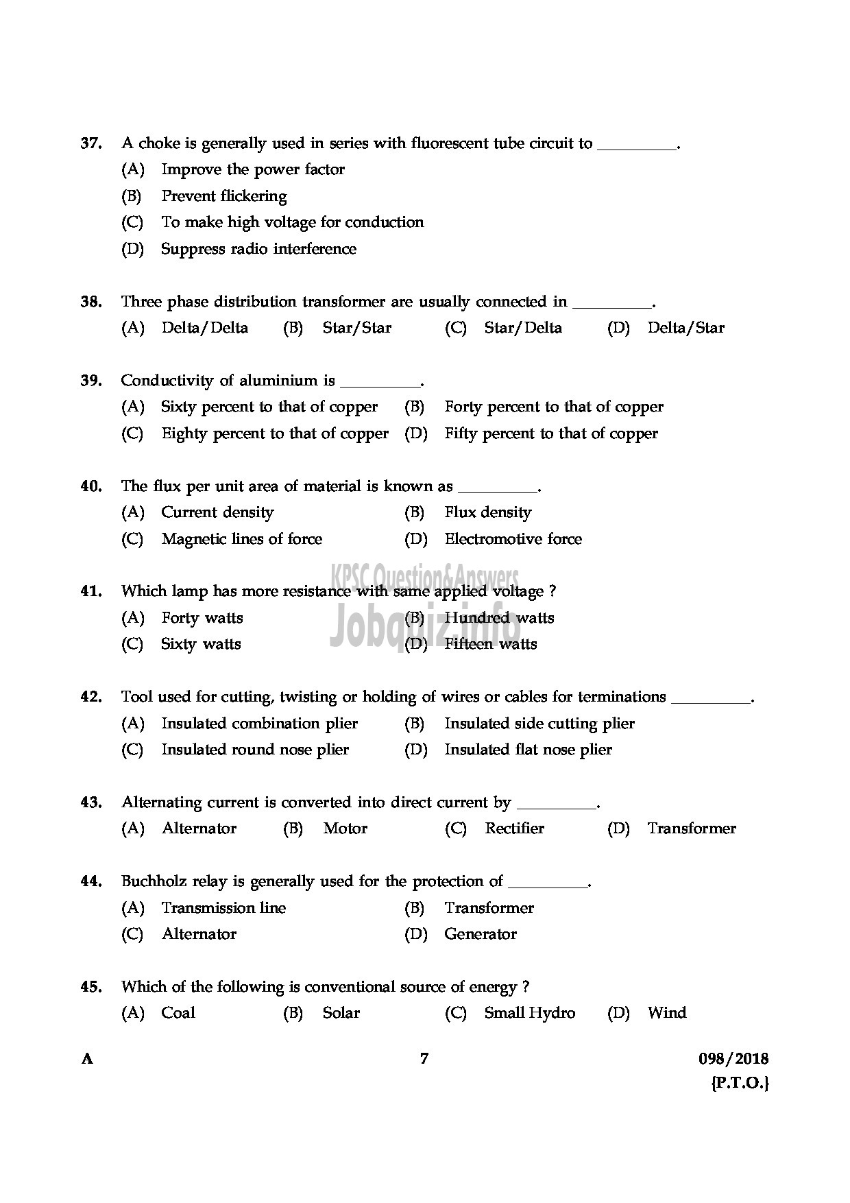 Kerala PSC Question Paper - TRADESMAN ELECTRICAL TECHNICAL EDUCATION ENGLISH -7