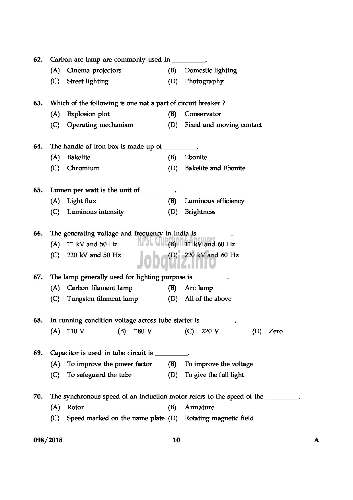 Kerala PSC Question Paper - TRADESMAN ELECTRICAL TECHNICAL EDUCATION ENGLISH -10