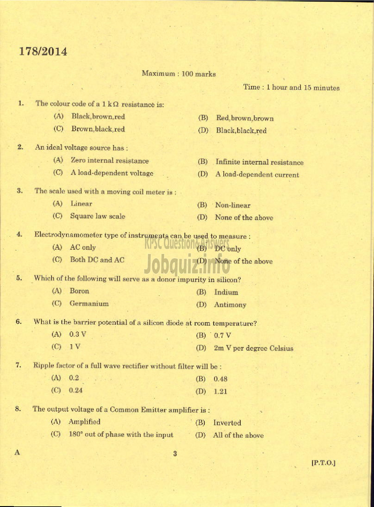 Kerala PSC Question Paper - TRADESMAN ELECTRONICS AND INSTRUMENTATION TECHNICAL EDUCATION KNR-1