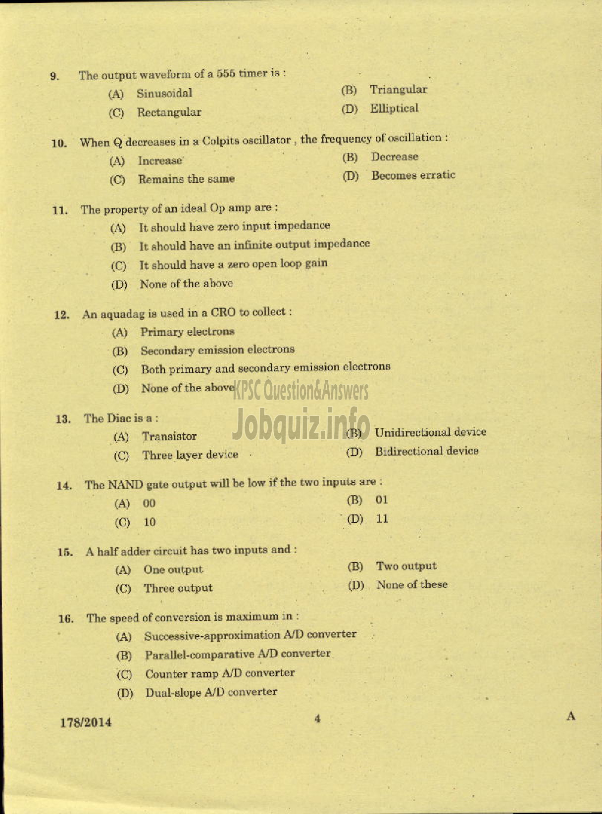 Kerala PSC Question Paper - TRADESMAN ELECTRONICS AND INSTRUMENTATION TECHNICAL EDUCATION KNR-2