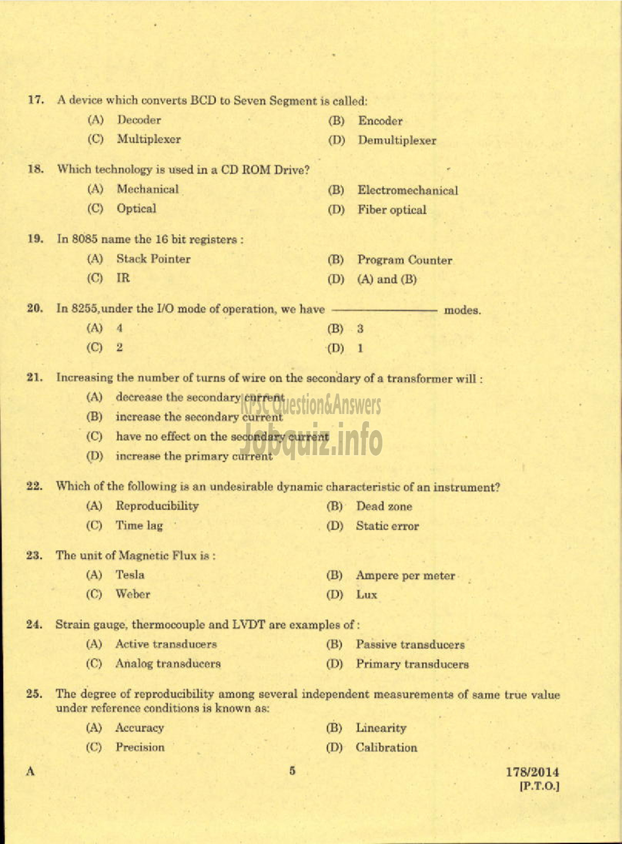 Kerala PSC Question Paper - TRADESMAN ELECTRONICS AND INSTRUMENTATION TECHNICAL EDUCATION KNR-3