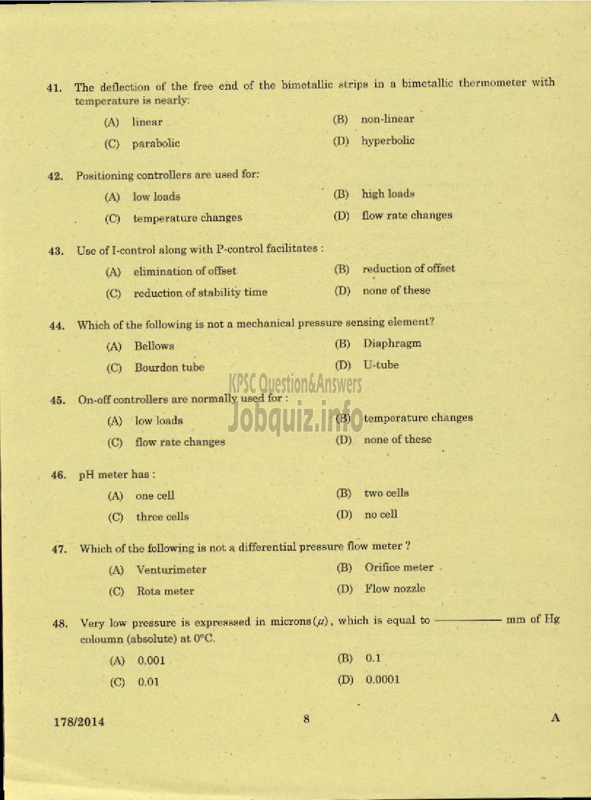 Kerala PSC Question Paper - TRADESMAN ELECTRONICS AND INSTRUMENTATION TECHNICAL EDUCATION KNR-6
