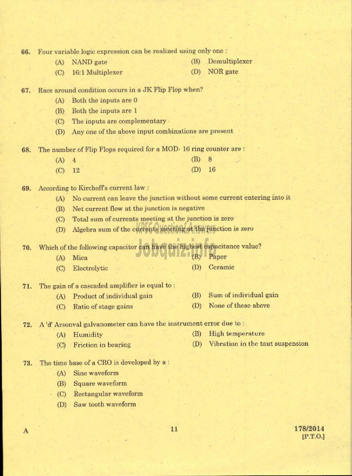 Kerala PSC Question Paper - TRADESMAN ELECTRONICS AND INSTRUMENTATION TECHNICAL EDUCATION KNR-9