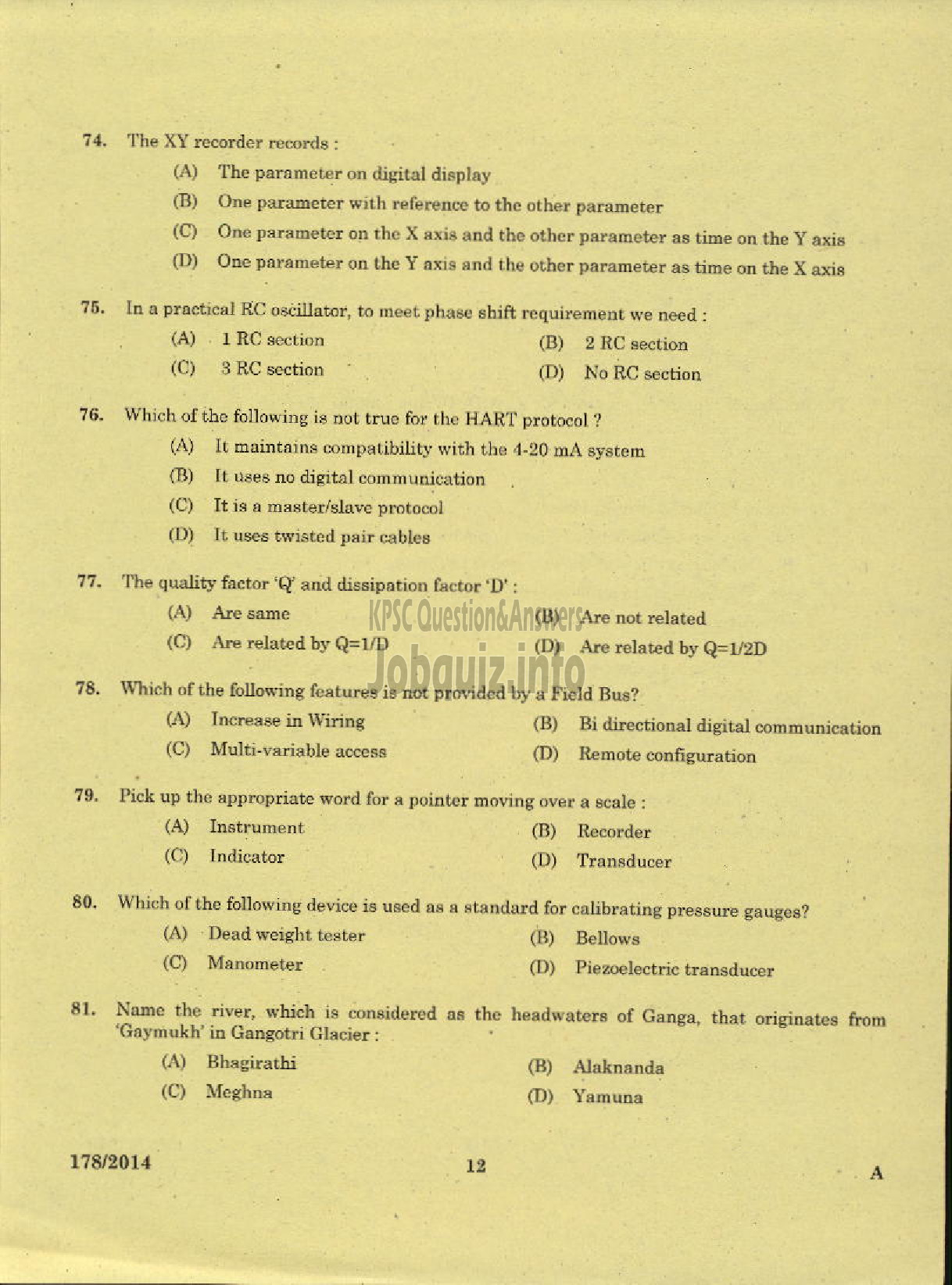 Kerala PSC Question Paper - TRADESMAN ELECTRONICS AND INSTRUMENTATION TECHNICAL EDUCATION KNR-10
