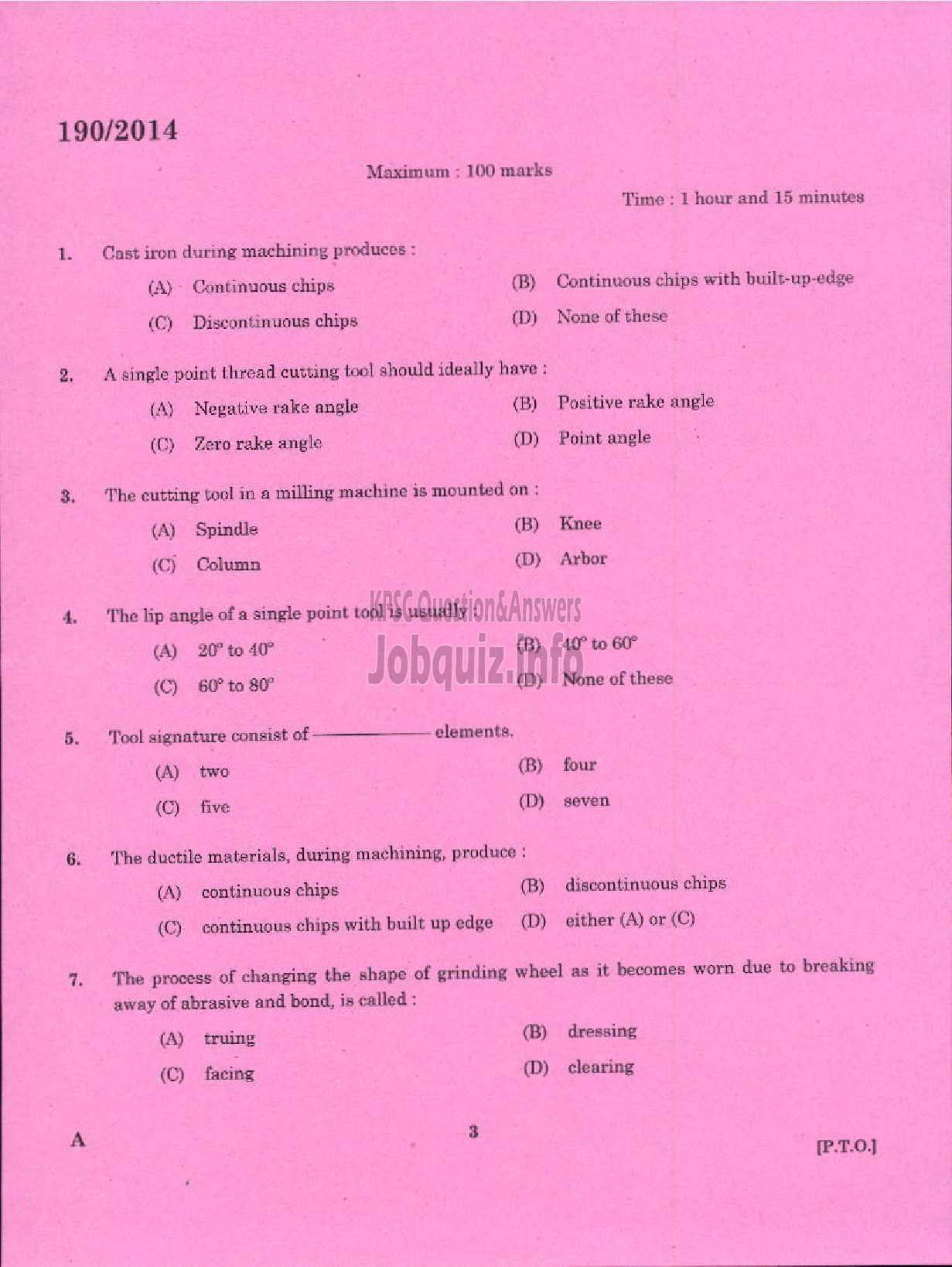 Kerala PSC Question Paper - TRADESMAN ELECTRONICS AND PRODUCTION TECHNOLOGY TECHNICAL EDUCATION EKM DIST-1