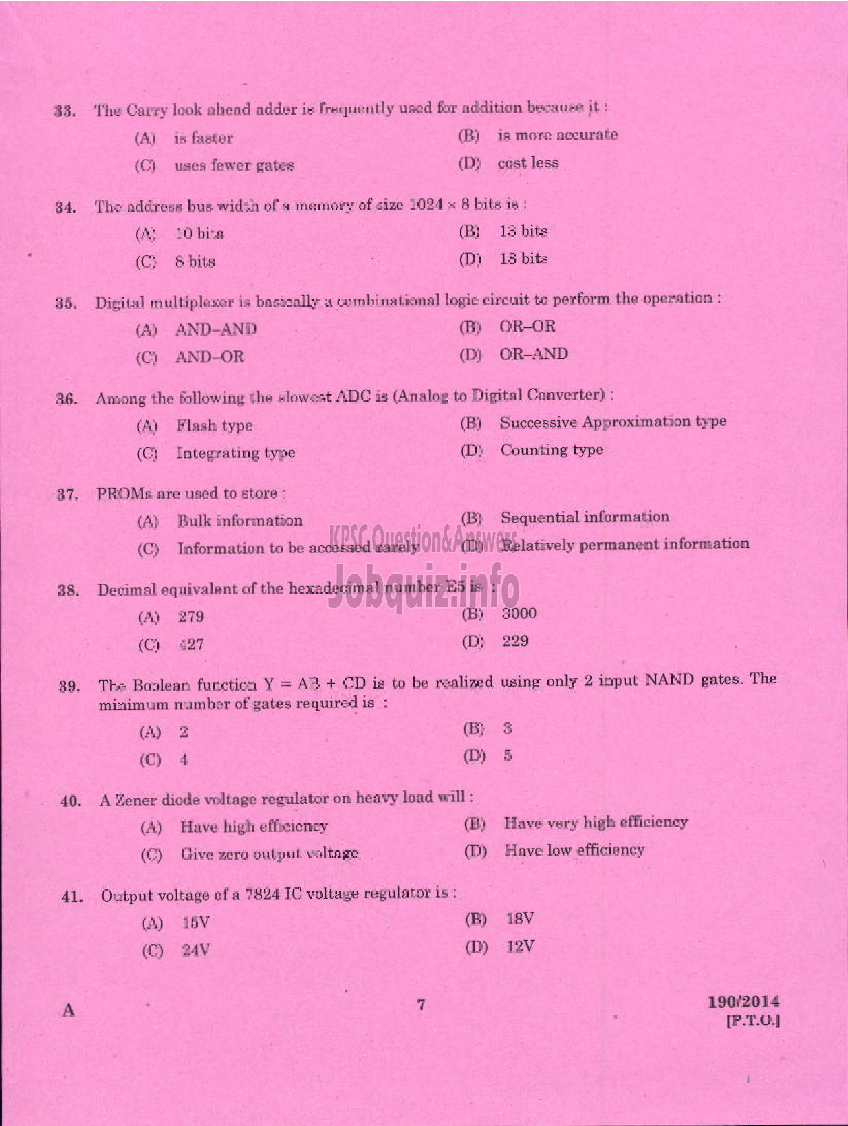 Kerala PSC Question Paper - TRADESMAN ELECTRONICS AND PRODUCTION TECHNOLOGY TECHNICAL EDUCATION EKM DIST-5