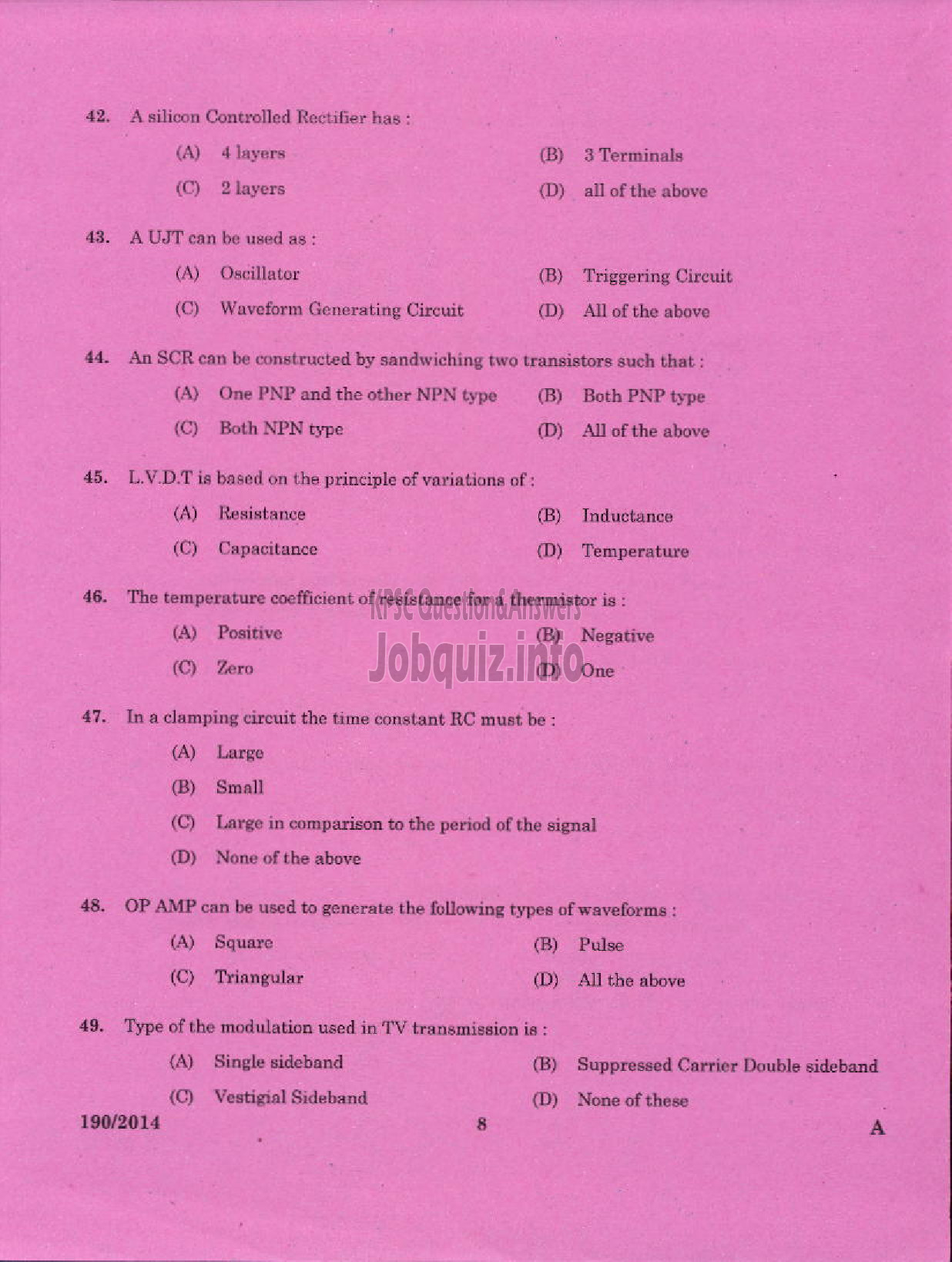 Kerala PSC Question Paper - TRADESMAN ELECTRONICS AND PRODUCTION TECHNOLOGY TECHNICAL EDUCATION EKM DIST-6