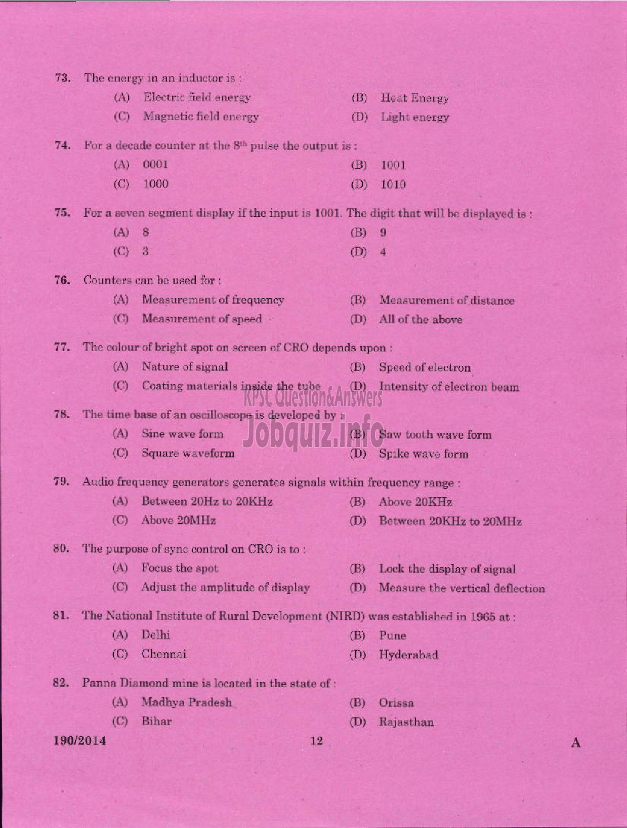 Kerala PSC Question Paper - TRADESMAN ELECTRONICS AND PRODUCTION TECHNOLOGY TECHNICAL EDUCATION EKM DIST-10