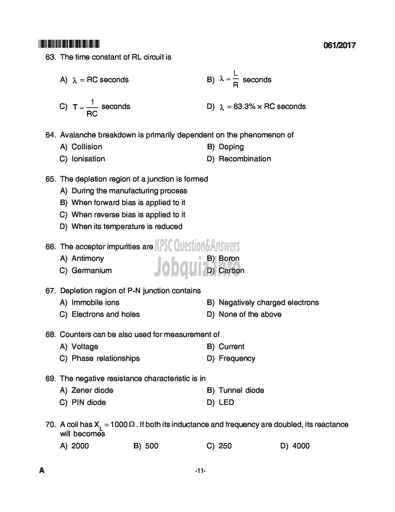 Kerala PSC Question Paper - TRADESMAN ELECTRONICS TECHNICAL EDUCATION QUESTION PAPER-11