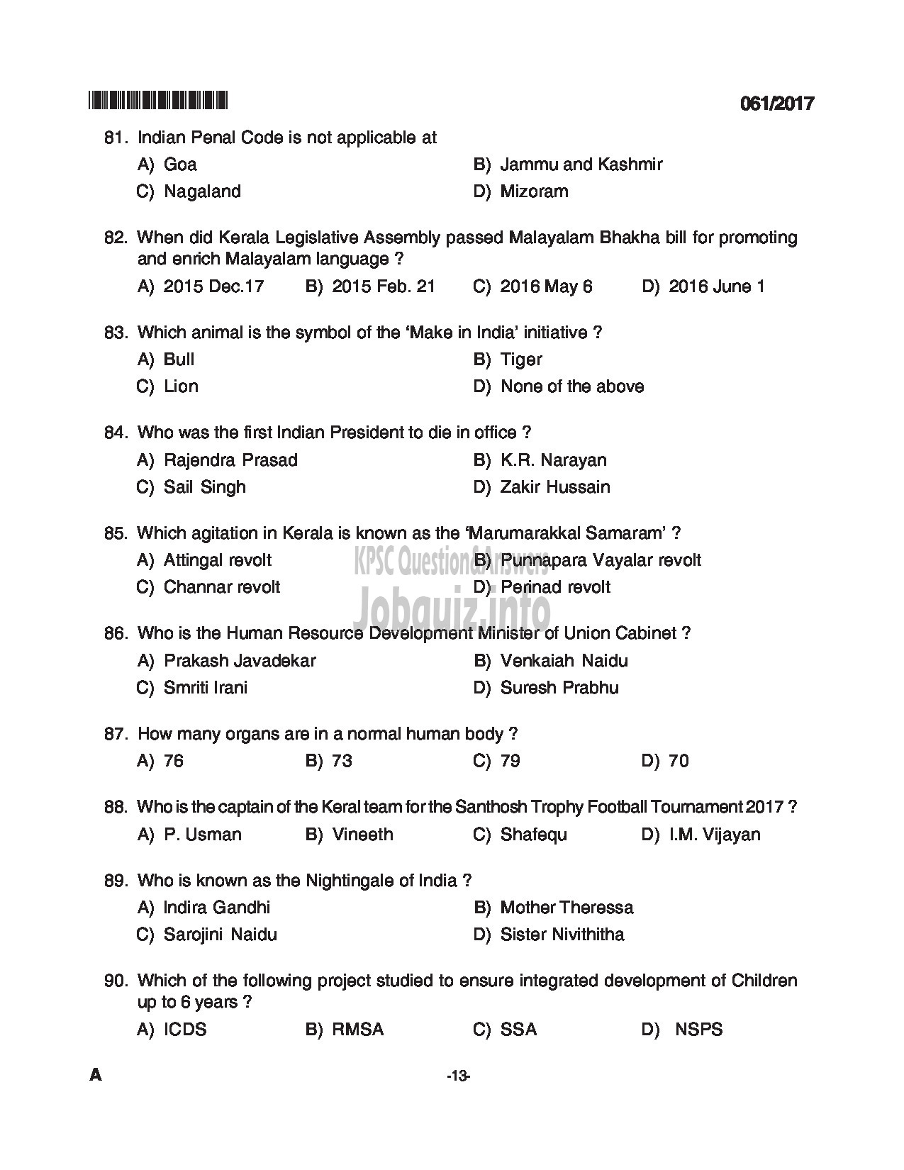 Kerala PSC Question Paper - TRADESMAN ELECTRONICS TECHNICAL EDUCATION QUESTION PAPER-13