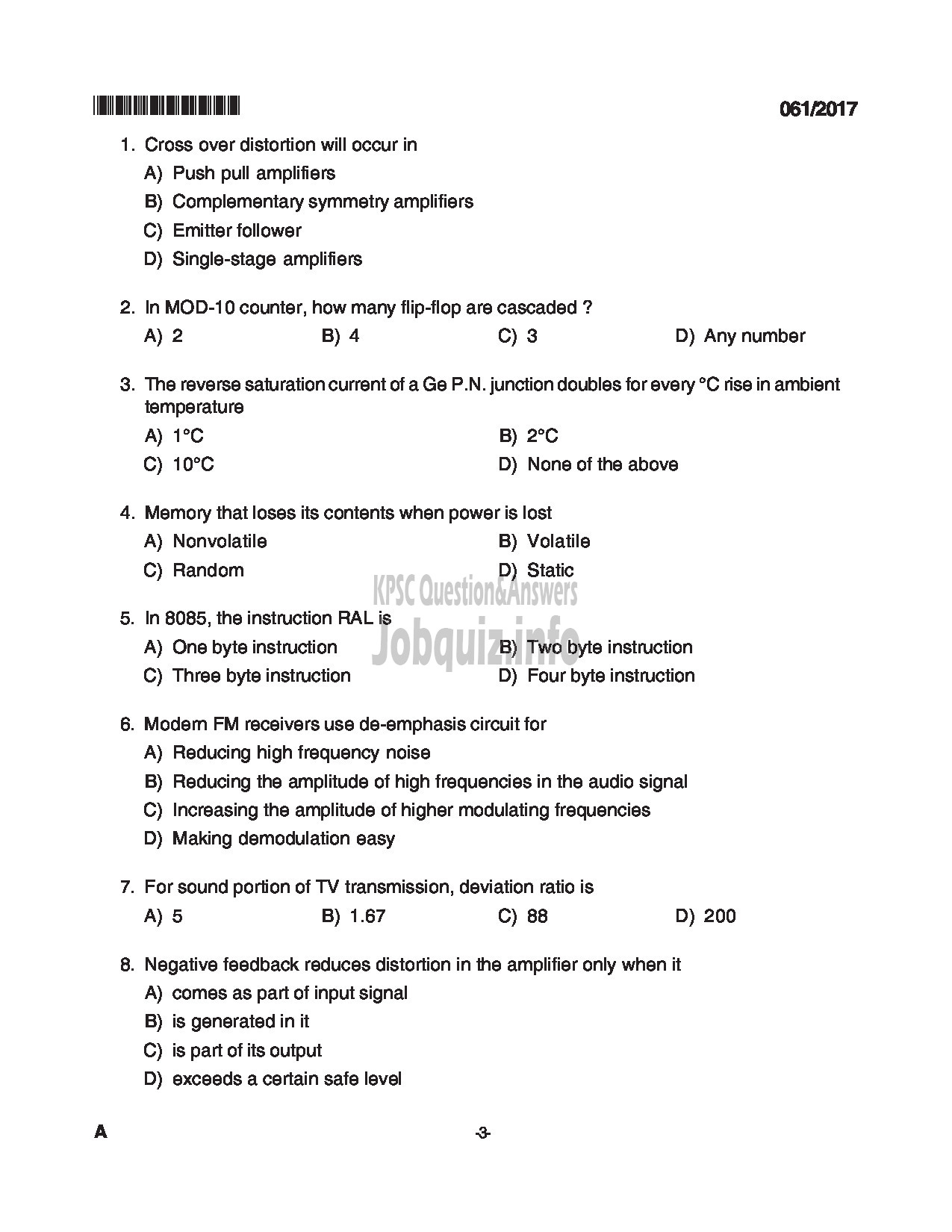 Kerala PSC Question Paper - TRADESMAN ELECTRONICS TECHNICAL EDUCATION QUESTION PAPER-3