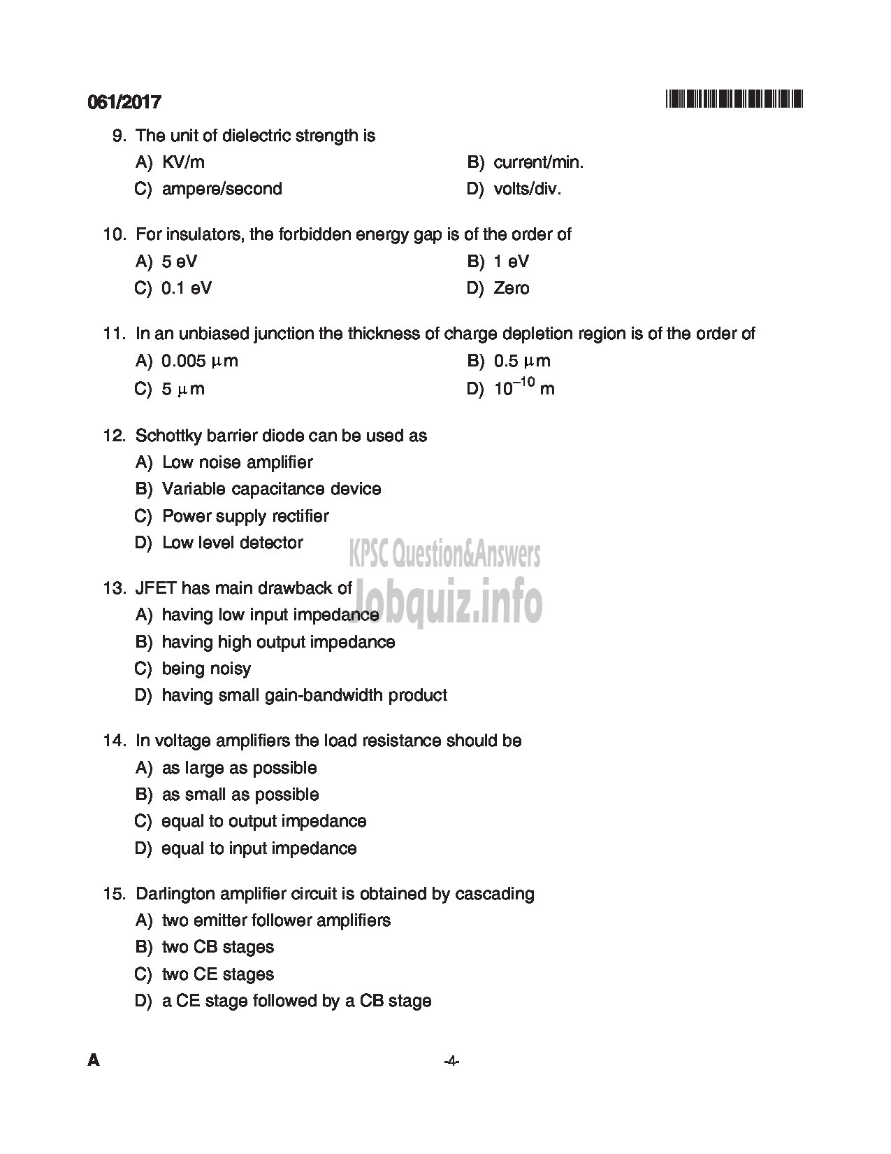 Kerala PSC Question Paper - TRADESMAN ELECTRONICS TECHNICAL EDUCATION QUESTION PAPER-4