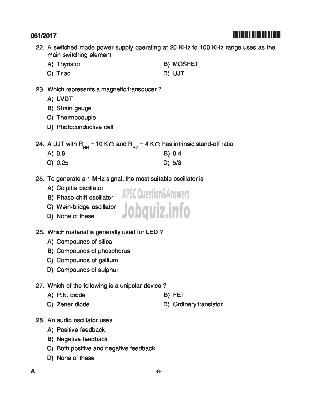 Kerala PSC Question Paper - TRADESMAN ELECTRONICS TECHNICAL EDUCATION QUESTION PAPER-6