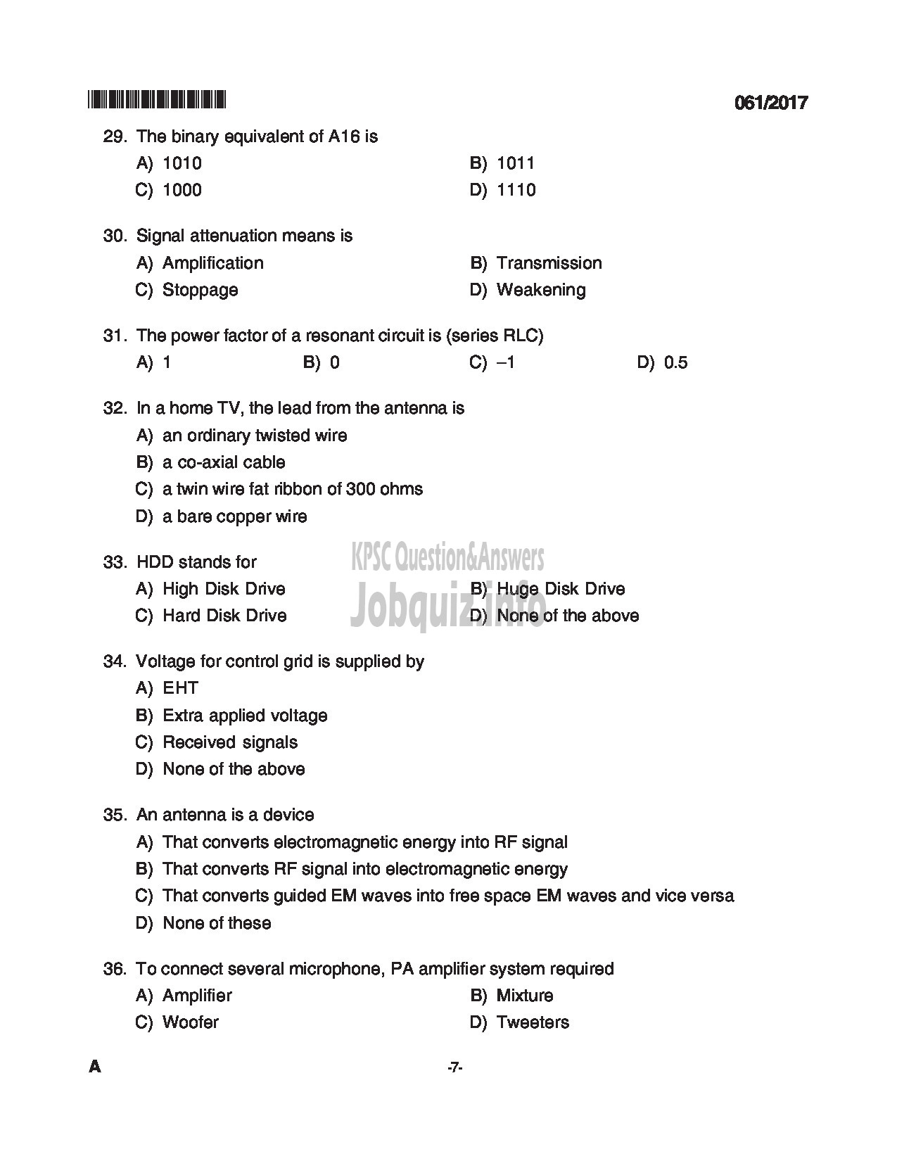 Kerala PSC Question Paper - TRADESMAN ELECTRONICS TECHNICAL EDUCATION QUESTION PAPER-7
