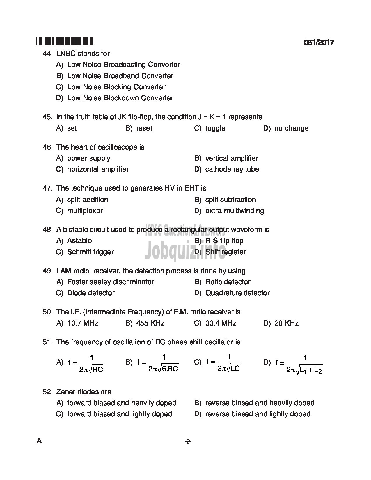 Kerala PSC Question Paper - TRADESMAN ELECTRONICS TECHNICAL EDUCATION QUESTION PAPER-9
