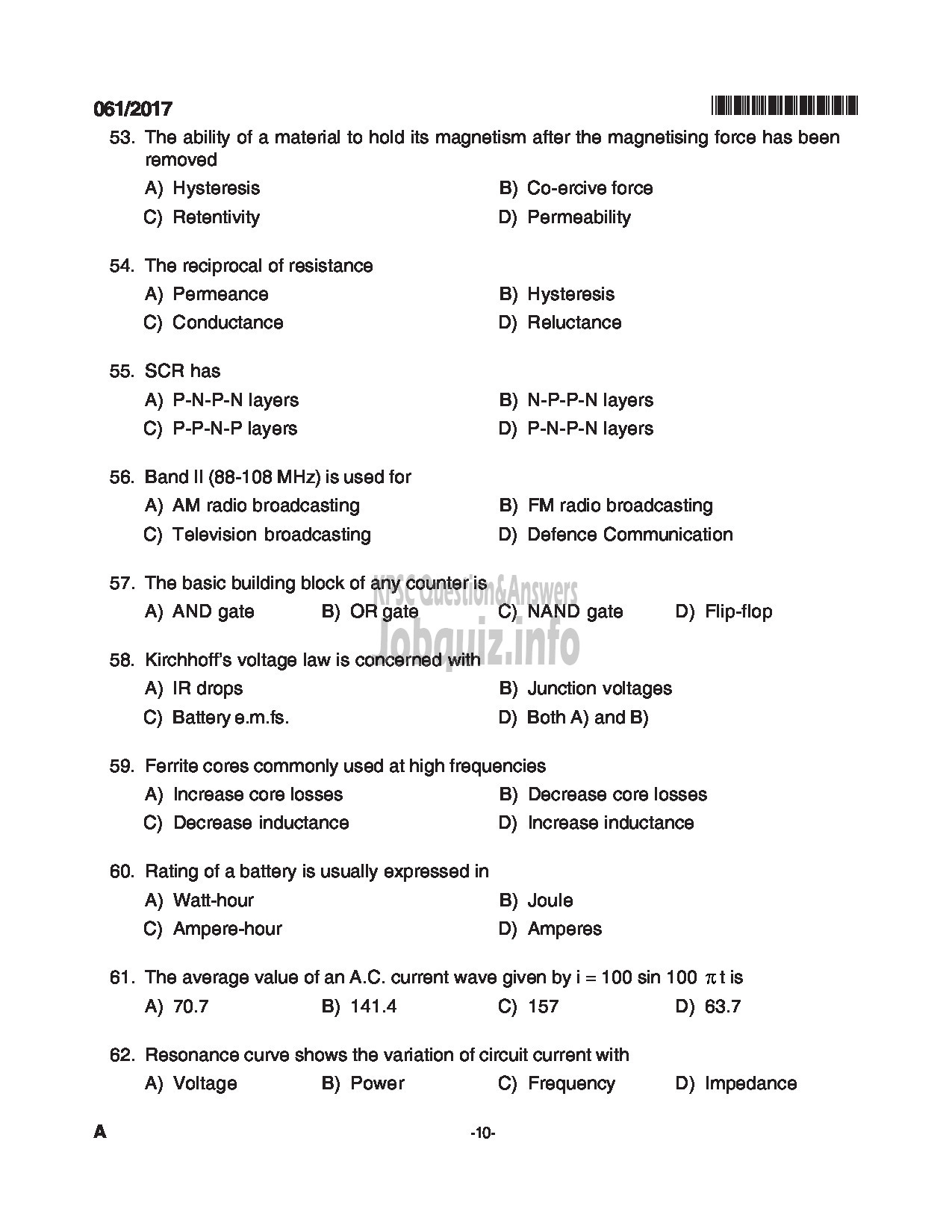 Kerala PSC Question Paper - TRADESMAN ELECTRONICS TECHNICAL EDUCATION QUESTION PAPER-10