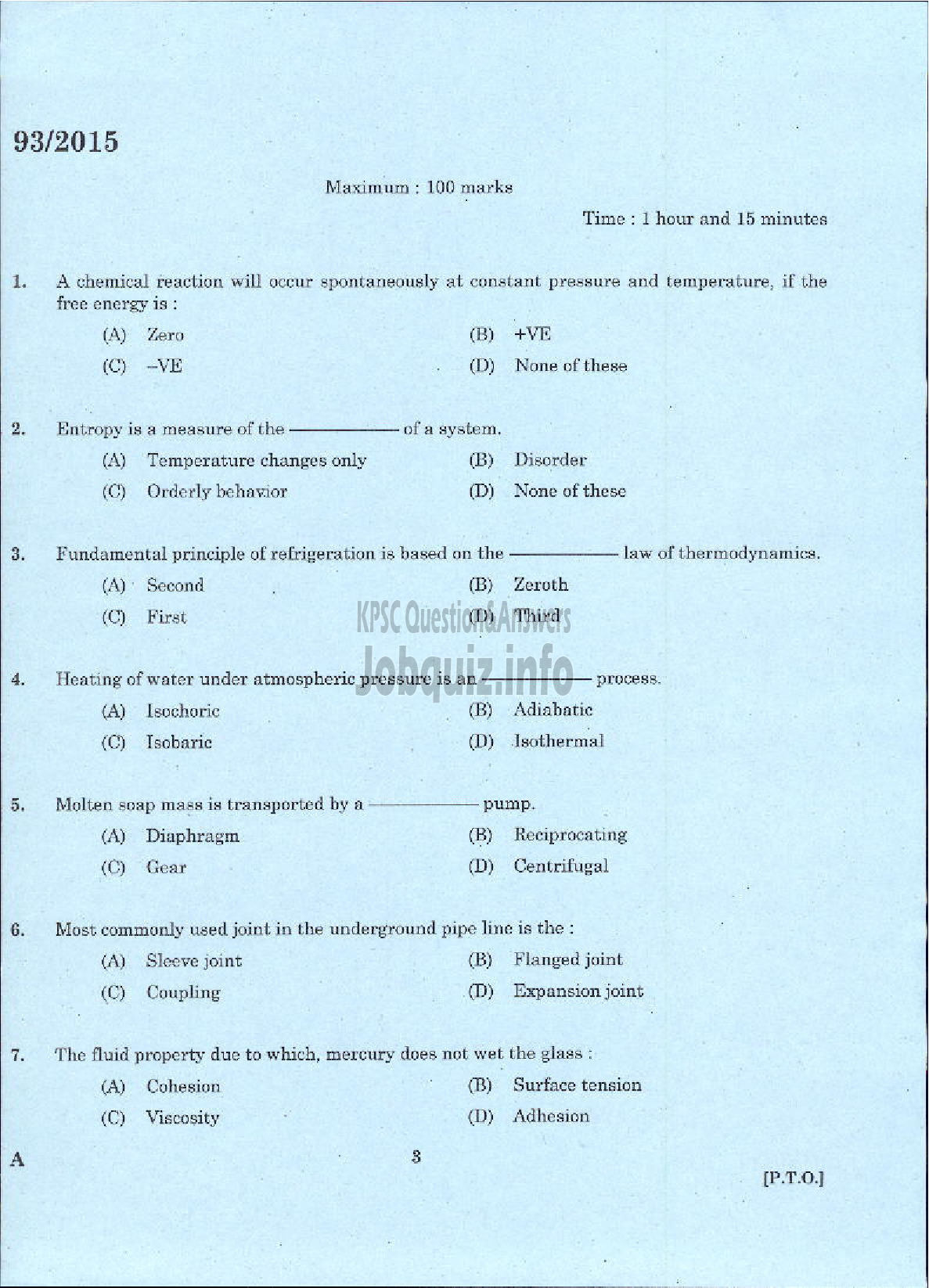 Kerala PSC Question Paper - TRADESMAN ELECTROPLATING TECHNICAL EDUCATION-1