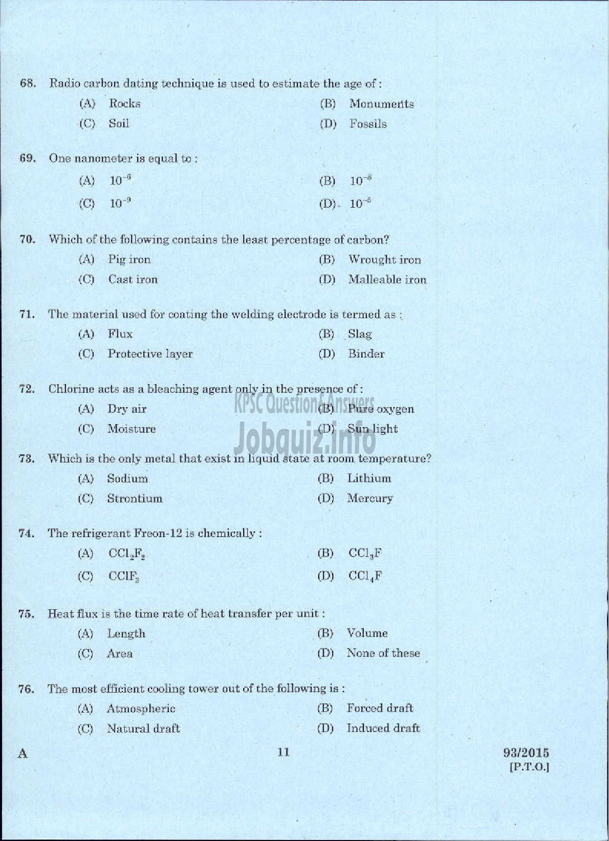 Kerala PSC Question Paper - TRADESMAN ELECTROPLATING TECHNICAL EDUCATION-9