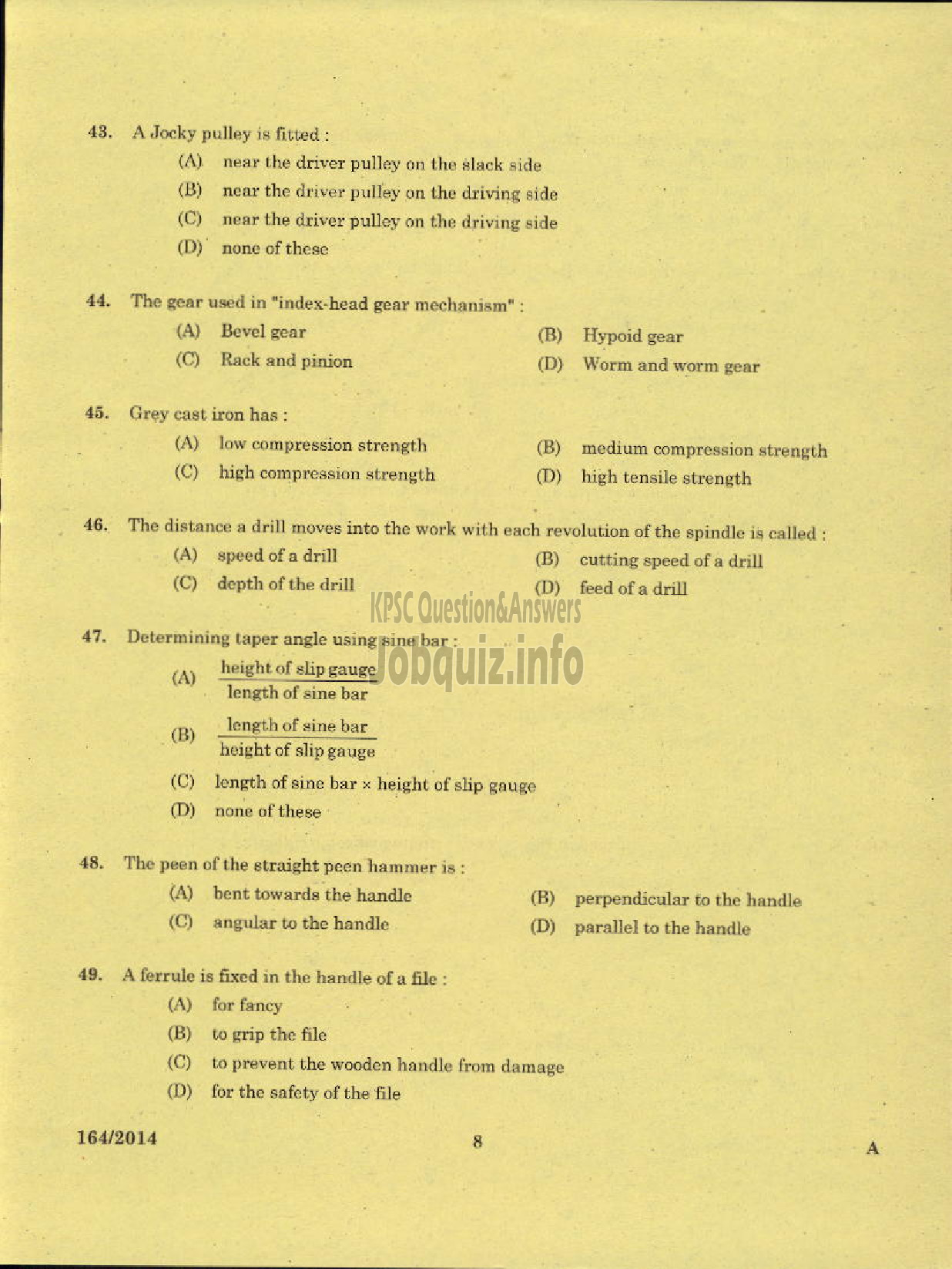 Kerala PSC Question Paper - TRADESMAN FITTING TECHNICAL EDUCATION-6