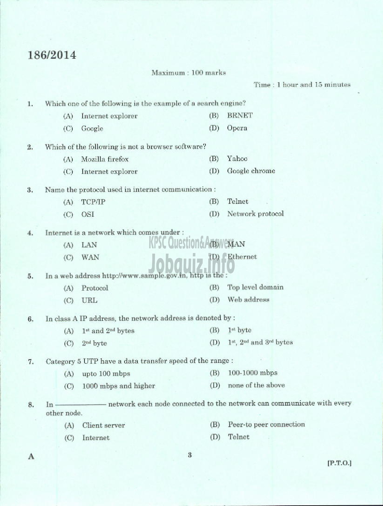 Kerala PSC Question Paper - TRADESMAN INFORMATION TECHNOLOGY TECHNICAL EDUCATION PALAKKAD-1