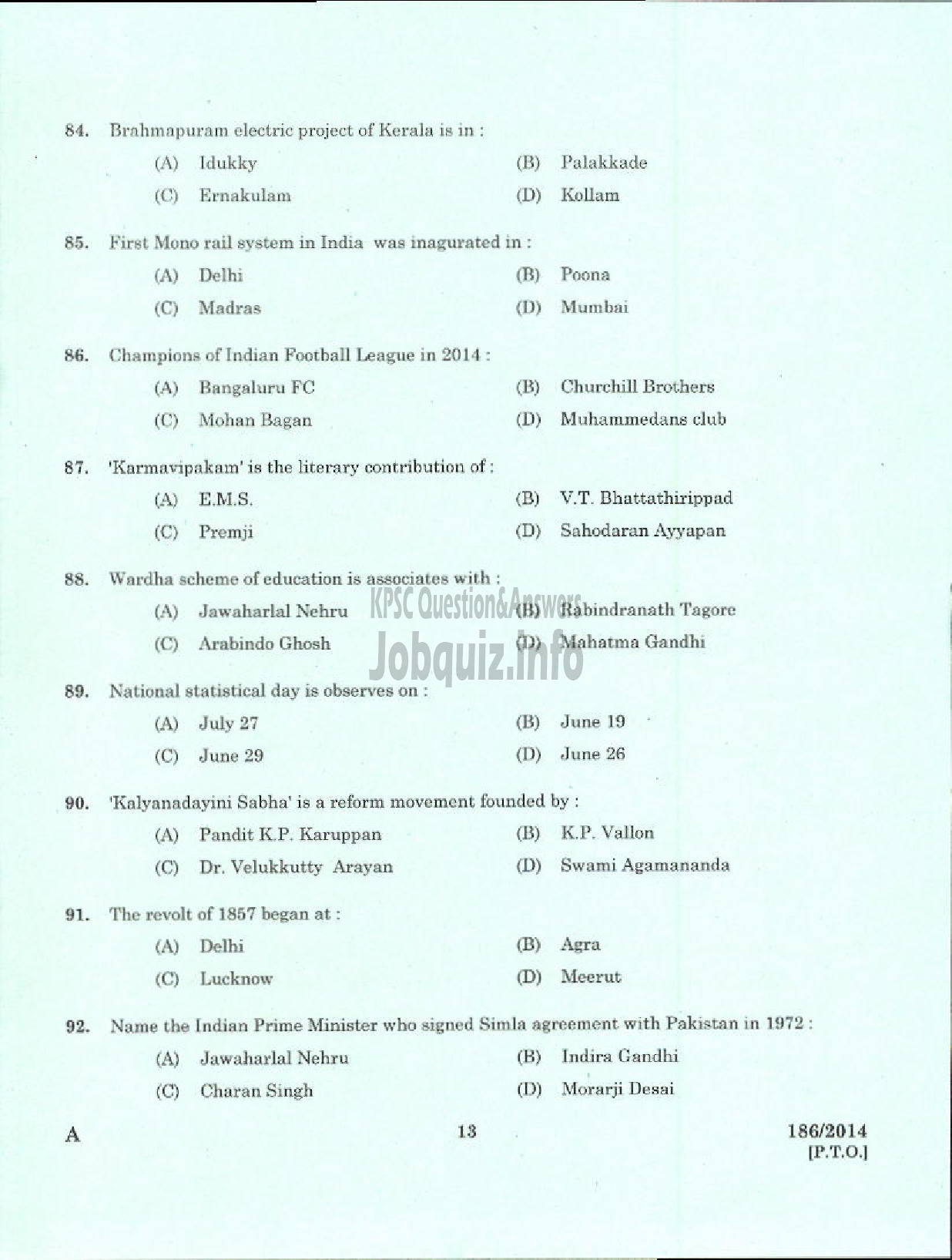 Kerala PSC Question Paper - TRADESMAN INFORMATION TECHNOLOGY TECHNICAL EDUCATION PALAKKAD-11