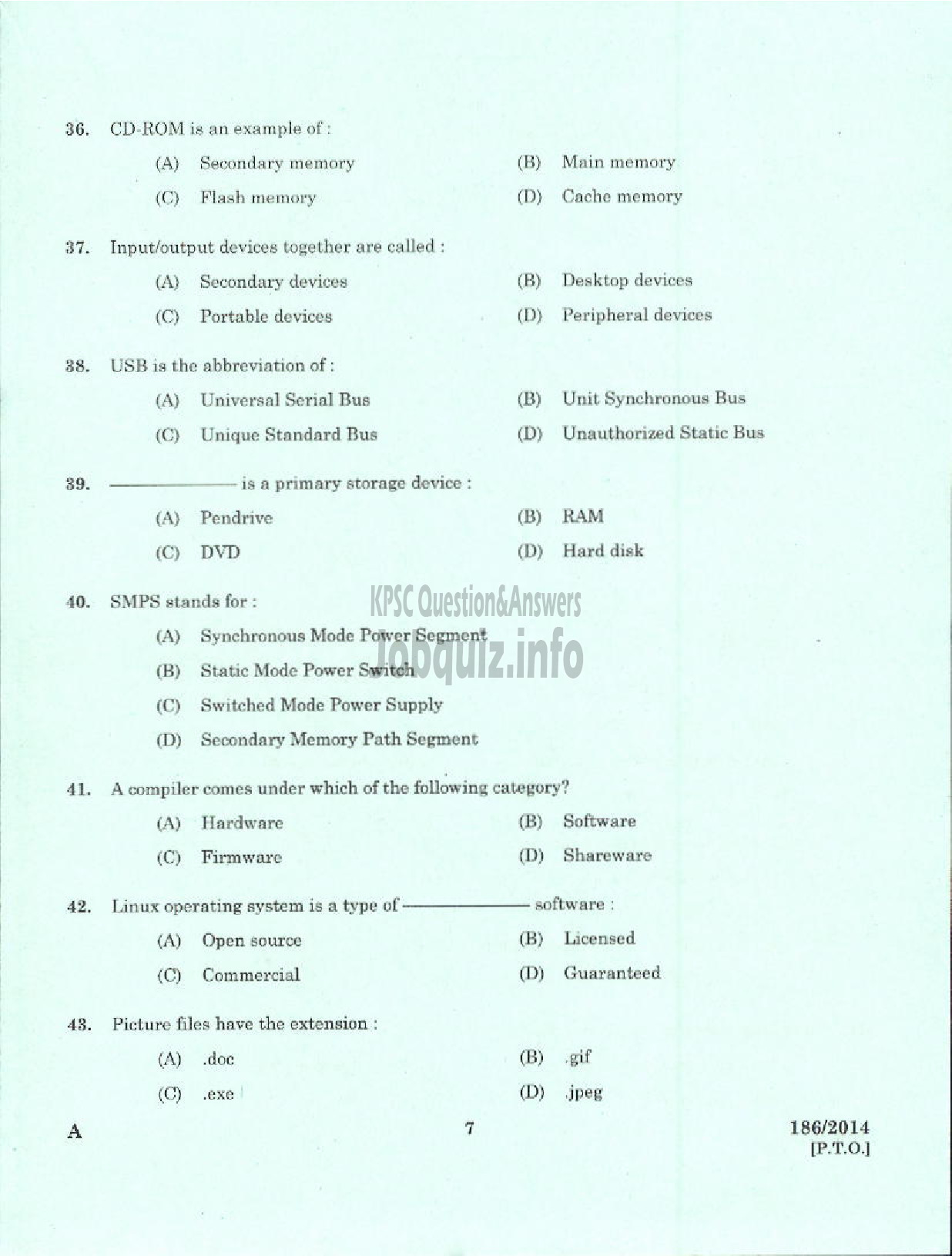 Kerala PSC Question Paper - TRADESMAN INFORMATION TECHNOLOGY TECHNICAL EDUCATION PALAKKAD-5
