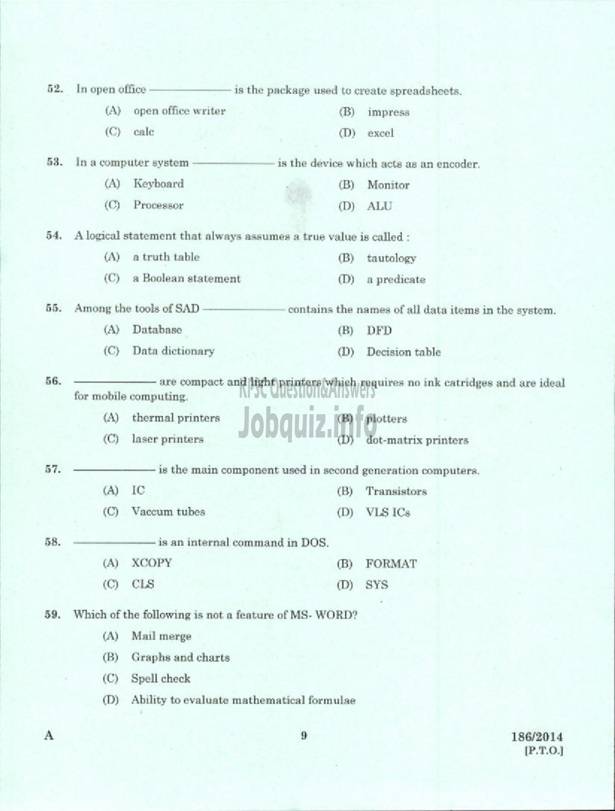 Kerala PSC Question Paper - TRADESMAN INFORMATION TECHNOLOGY TECHNICAL EDUCATION PALAKKAD-7