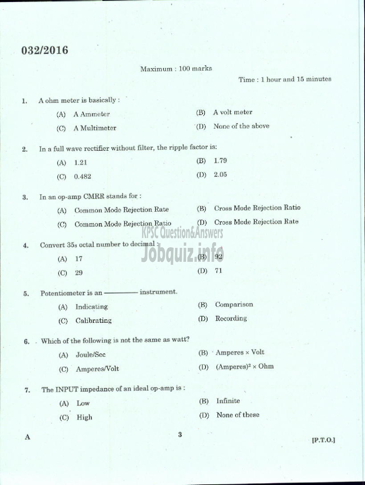 Kerala PSC Question Paper - TRADESMAN INSTRUMENT MECHANIC TECHNICAL EDUCATION-1
