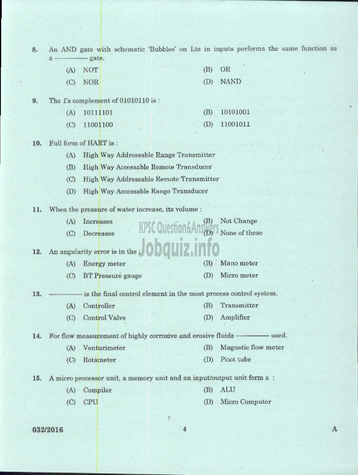 Kerala PSC Question Paper - TRADESMAN INSTRUMENT MECHANIC TECHNICAL EDUCATION-2