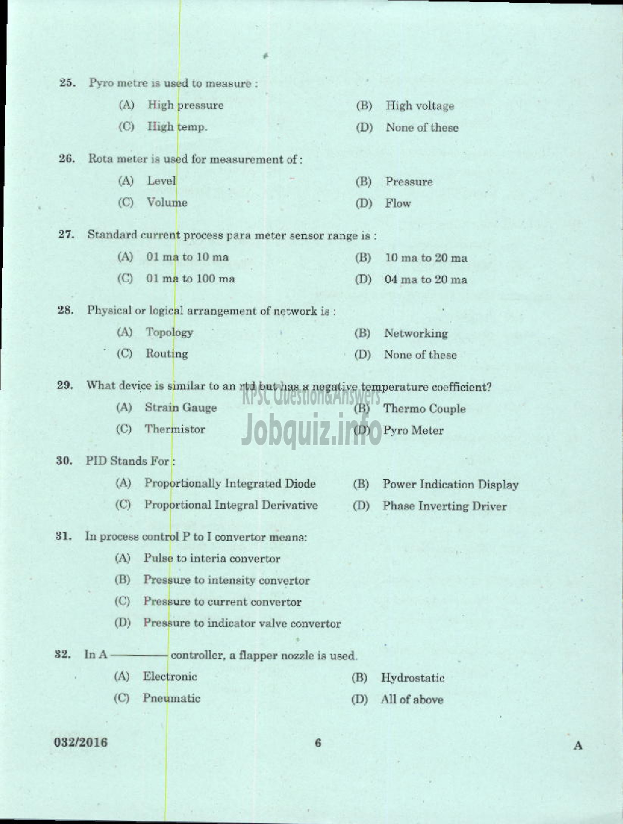Kerala PSC Question Paper - TRADESMAN INSTRUMENT MECHANIC TECHNICAL EDUCATION-4