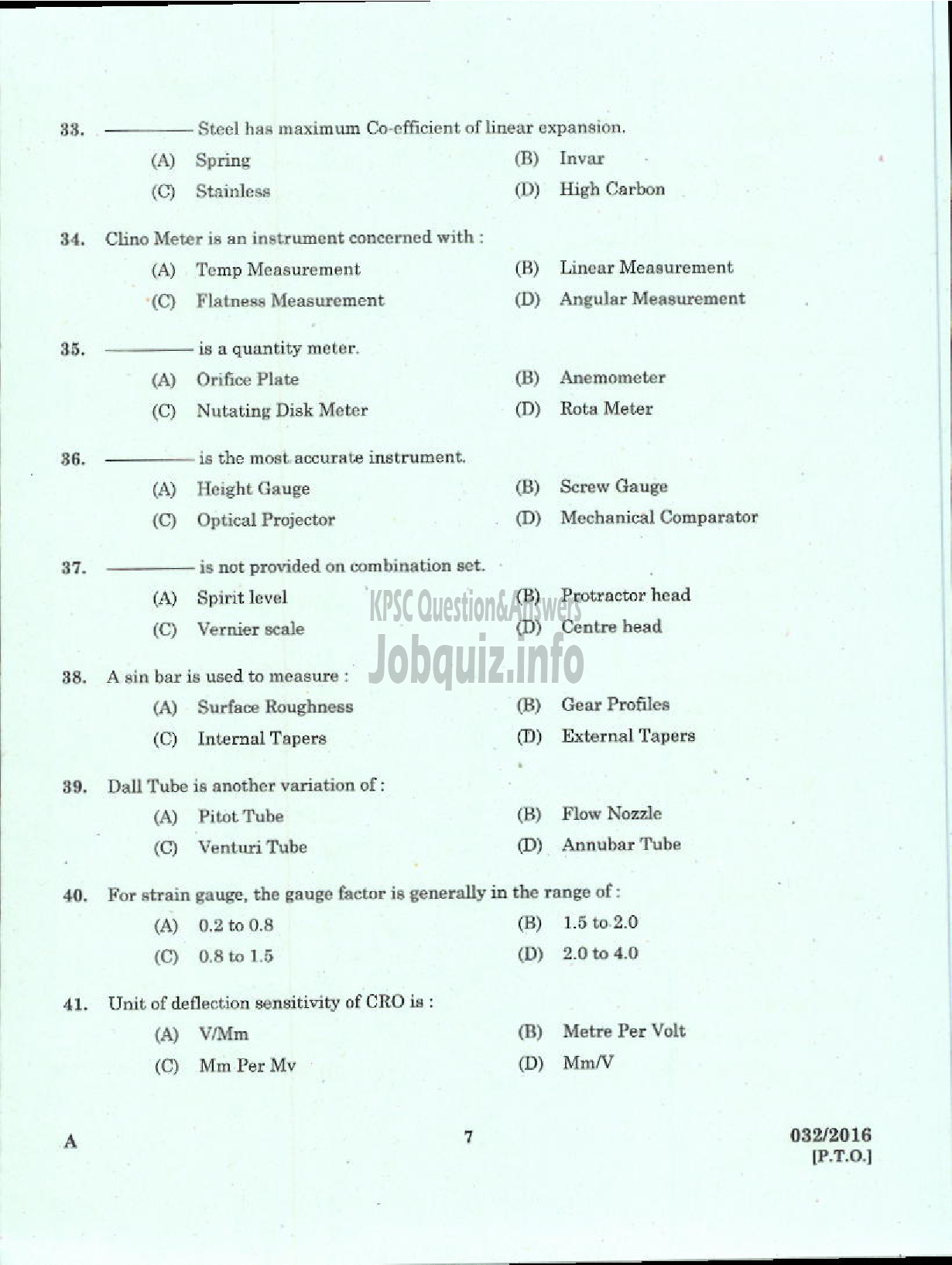 Kerala PSC Question Paper - TRADESMAN INSTRUMENT MECHANIC TECHNICAL EDUCATION-5
