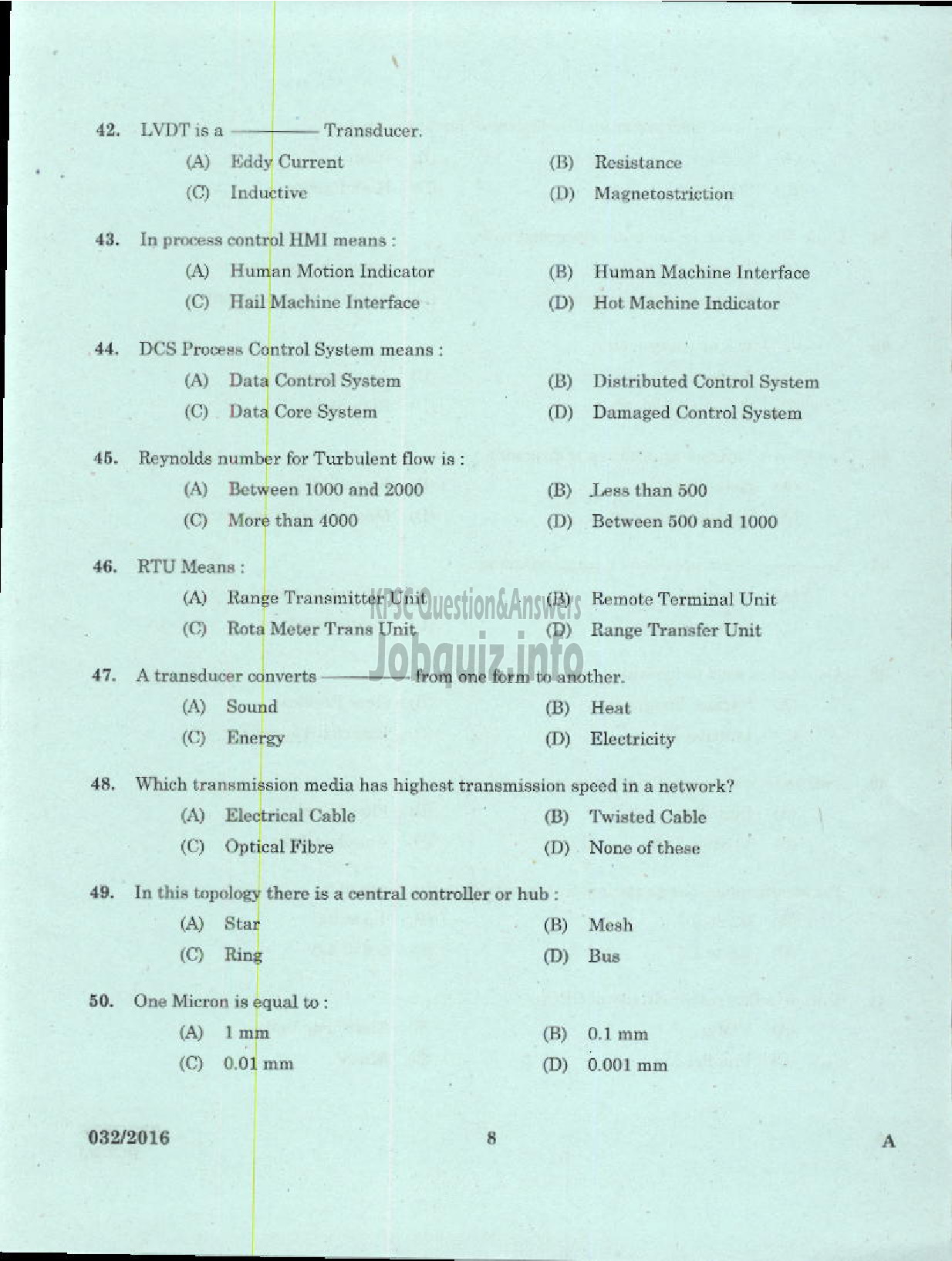 Kerala PSC Question Paper - TRADESMAN INSTRUMENT MECHANIC TECHNICAL EDUCATION-6