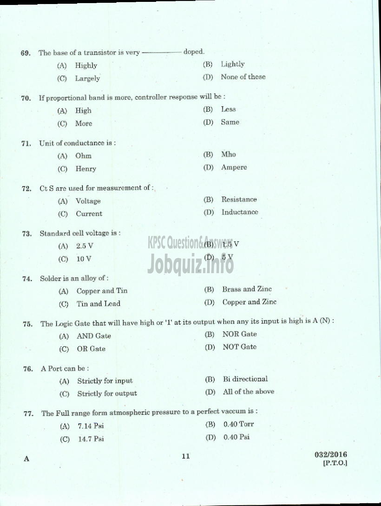 Kerala PSC Question Paper - TRADESMAN INSTRUMENT MECHANIC TECHNICAL EDUCATION-9