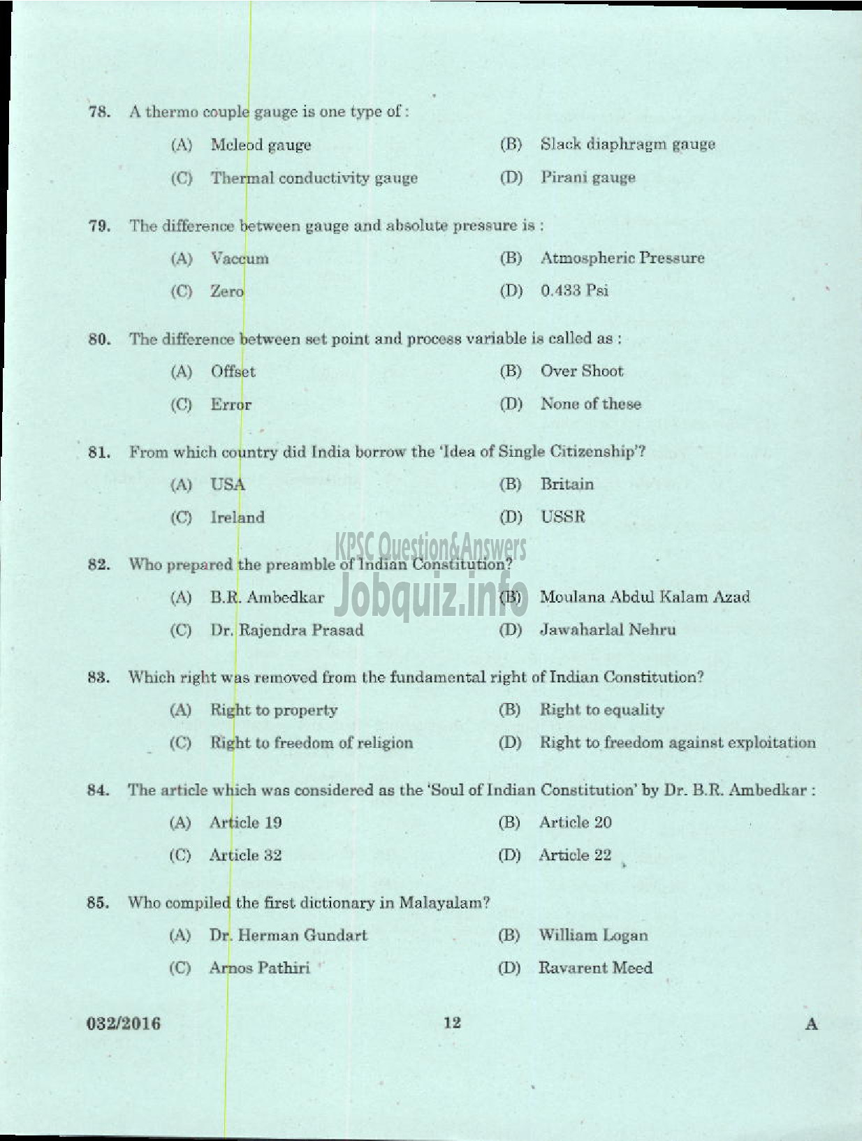 Kerala PSC Question Paper - TRADESMAN INSTRUMENT MECHANIC TECHNICAL EDUCATION-10