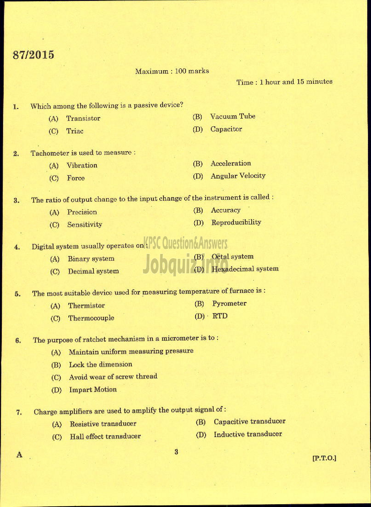 Kerala PSC Question Paper - TRADESMAN INSTRUMENT TECHNOLOGY TECHNICAL EDUCATION-1