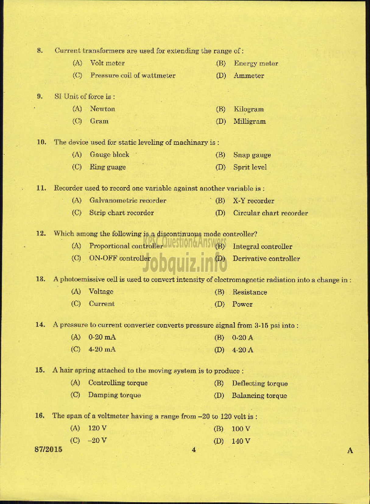 Kerala PSC Question Paper - TRADESMAN INSTRUMENT TECHNOLOGY TECHNICAL EDUCATION-2