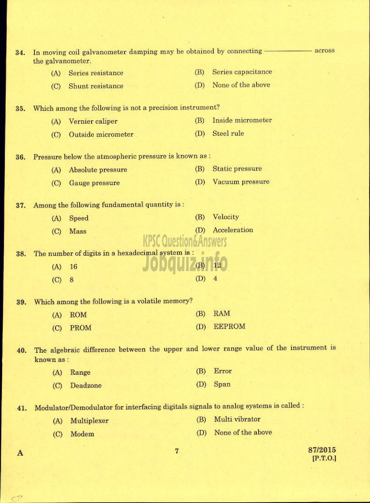 Kerala PSC Question Paper - TRADESMAN INSTRUMENT TECHNOLOGY TECHNICAL EDUCATION-5