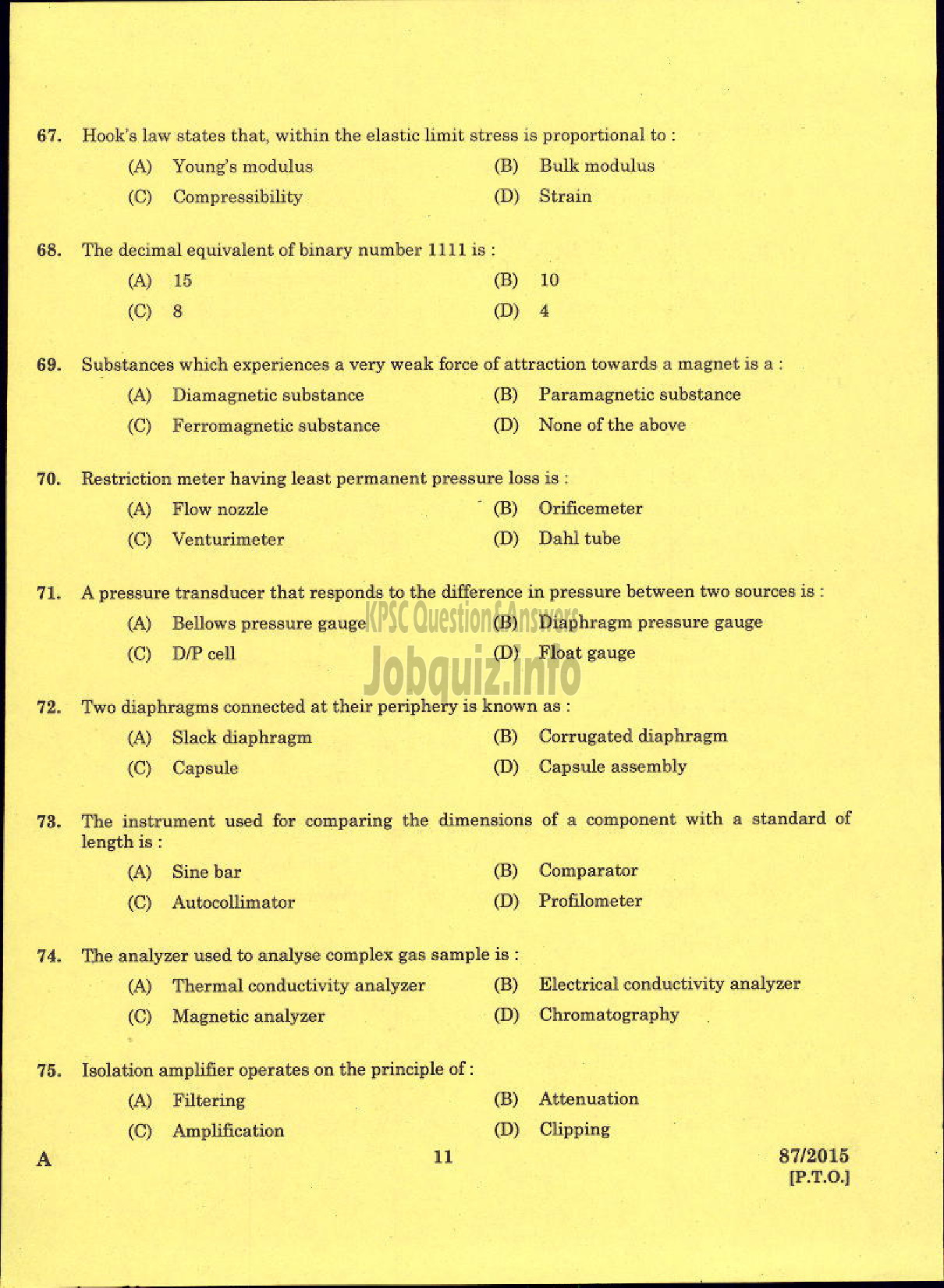 Kerala PSC Question Paper - TRADESMAN INSTRUMENT TECHNOLOGY TECHNICAL EDUCATION-9