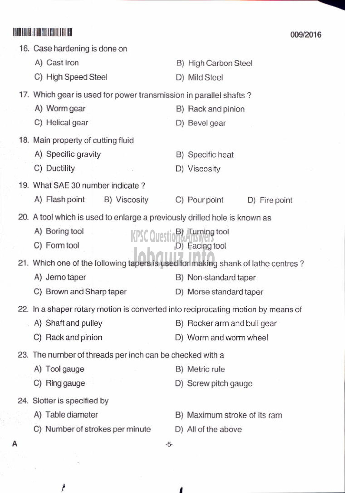 Kerala PSC Question Paper - TRADESMAN MACHINIST TECHNICAL EDUCATION-1