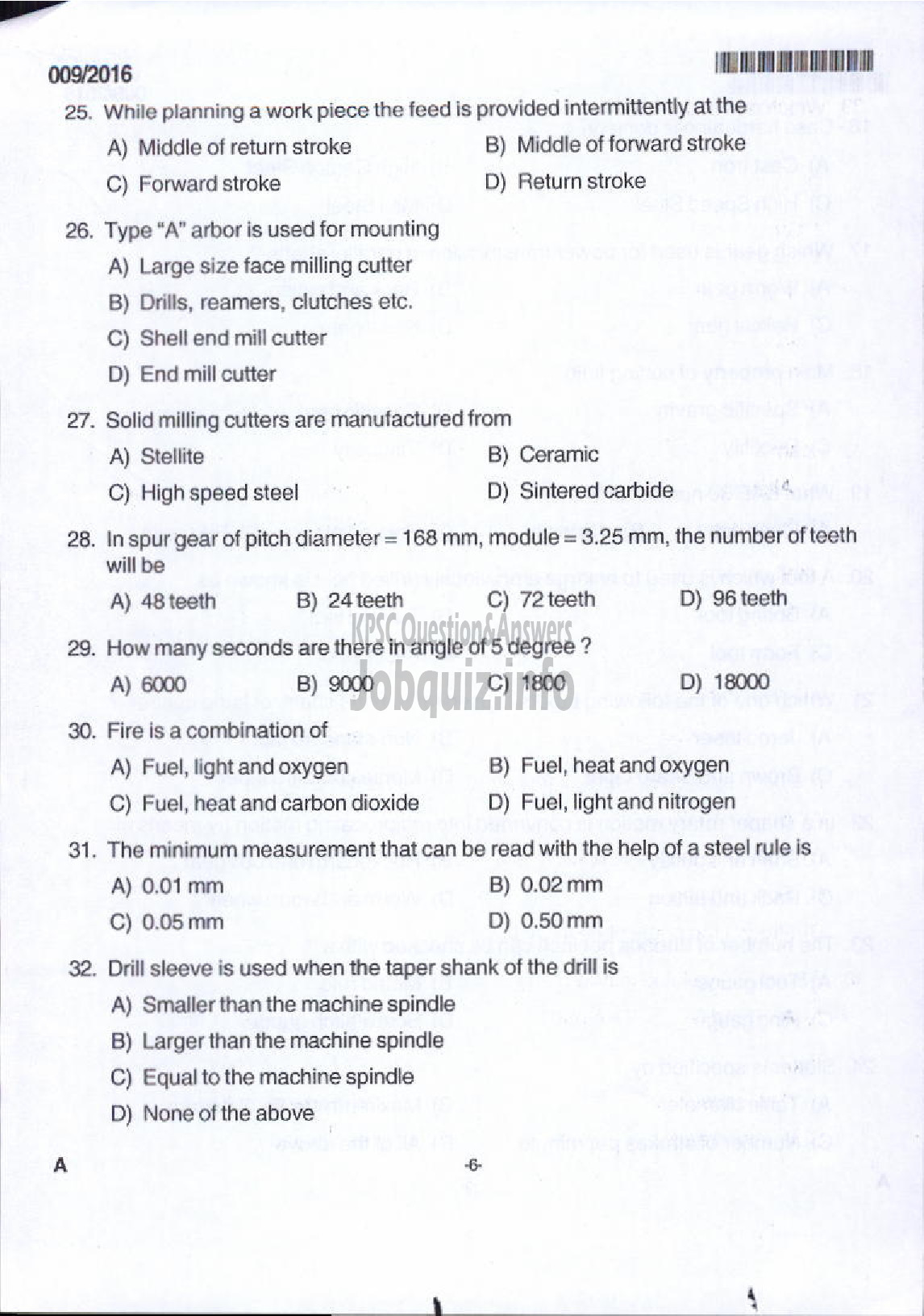 Kerala PSC Question Paper - TRADESMAN MACHINIST TECHNICAL EDUCATION-2