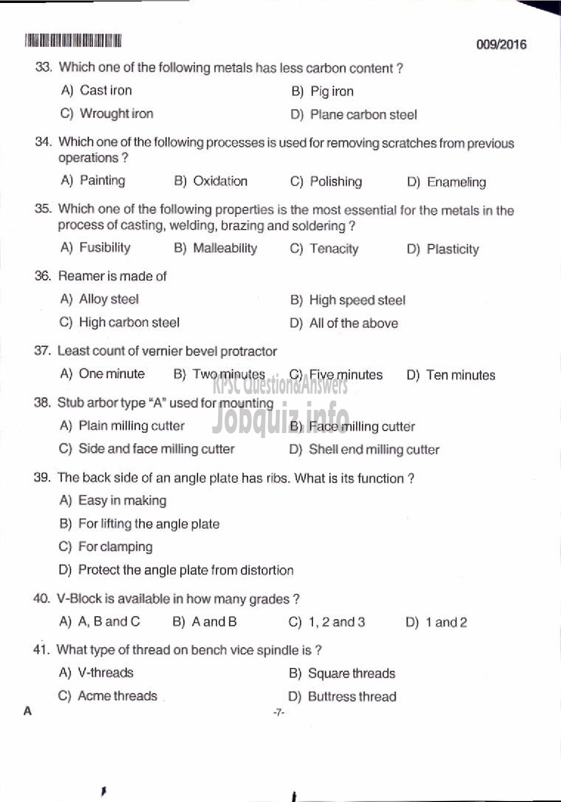 Kerala PSC Question Paper - TRADESMAN MACHINIST TECHNICAL EDUCATION-3