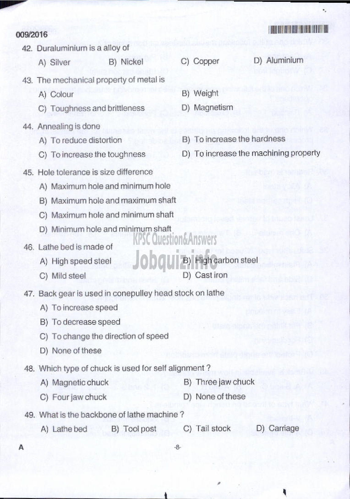 Kerala PSC Question Paper - TRADESMAN MACHINIST TECHNICAL EDUCATION-4