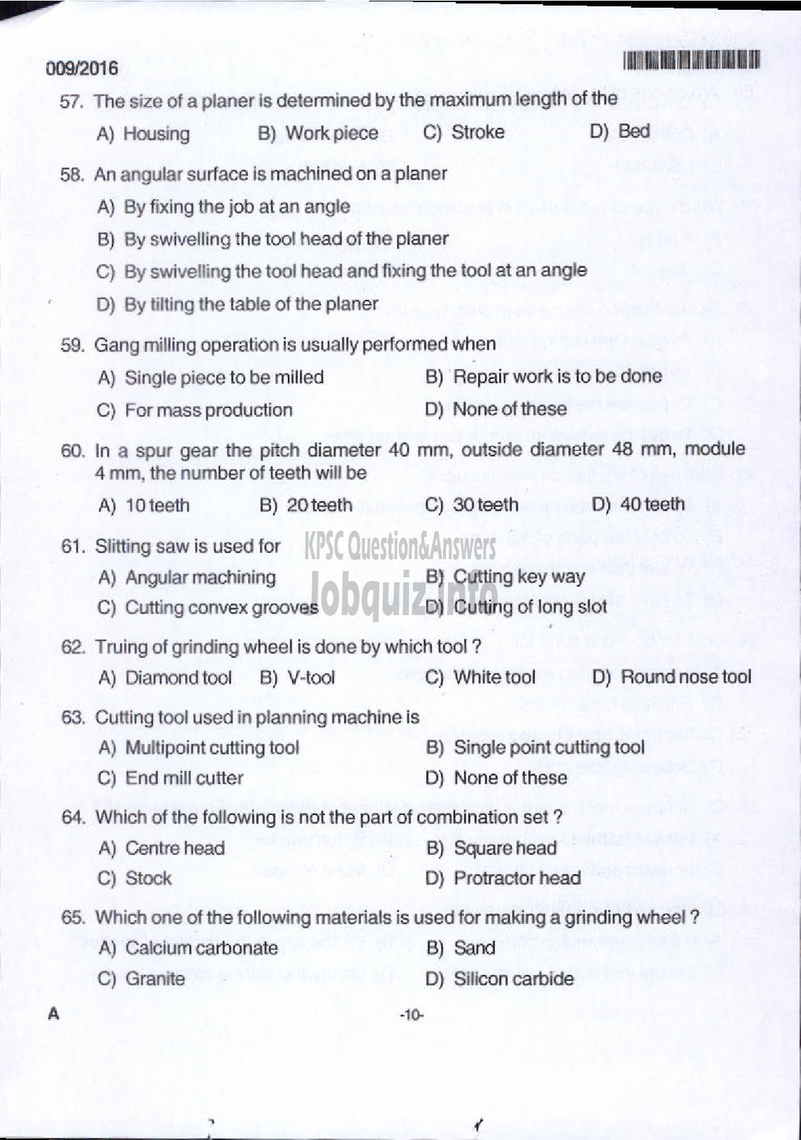 Kerala PSC Question Paper - TRADESMAN MACHINIST TECHNICAL EDUCATION-6