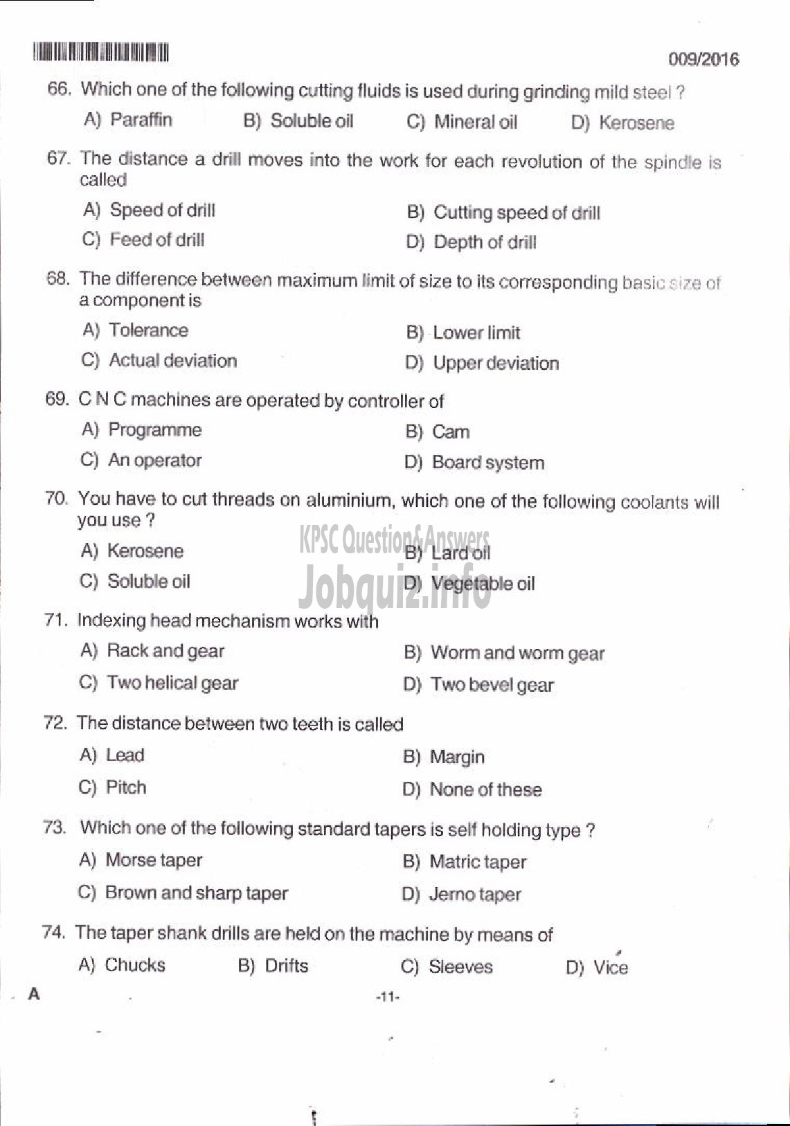 Kerala PSC Question Paper - TRADESMAN MACHINIST TECHNICAL EDUCATION-7