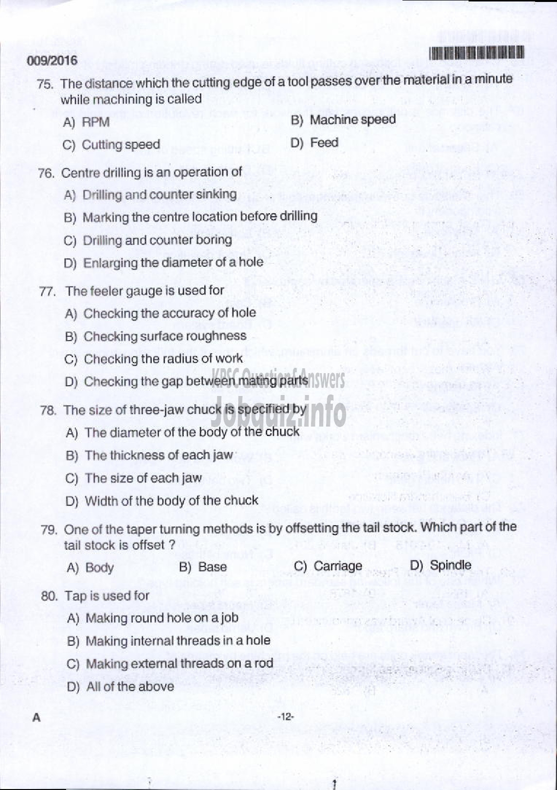 Kerala PSC Question Paper - TRADESMAN MACHINIST TECHNICAL EDUCATION-8