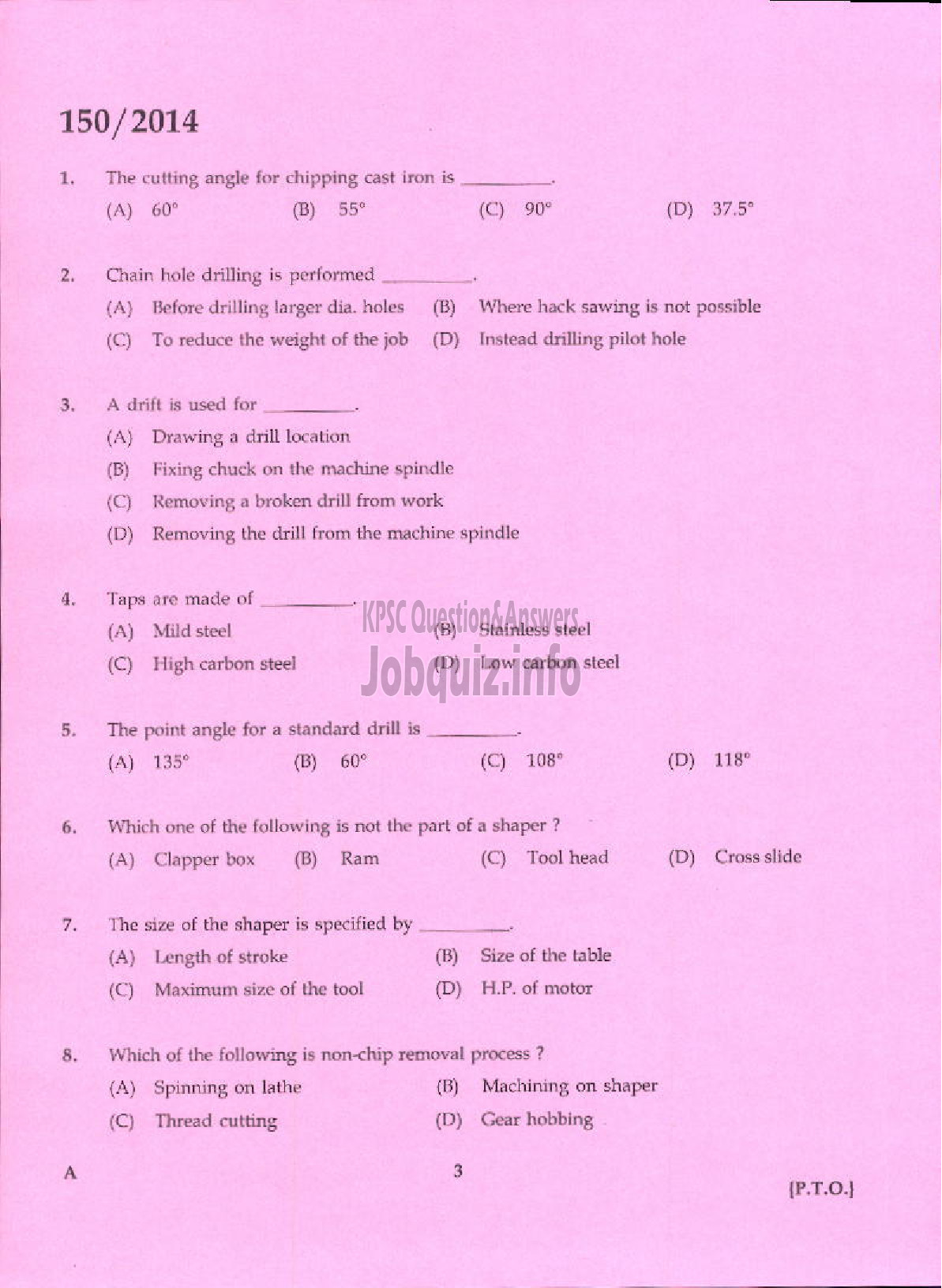 Kerala PSC Question Paper - TRADESMAN MACHINIST TECHNICAL EDUCATION KTM AND TSR-1