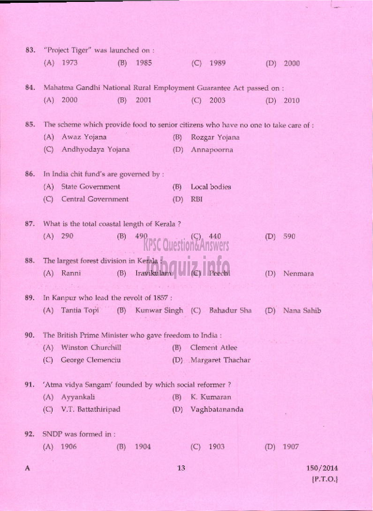 Kerala PSC Question Paper - TRADESMAN MACHINIST TECHNICAL EDUCATION KTM AND TSR-11